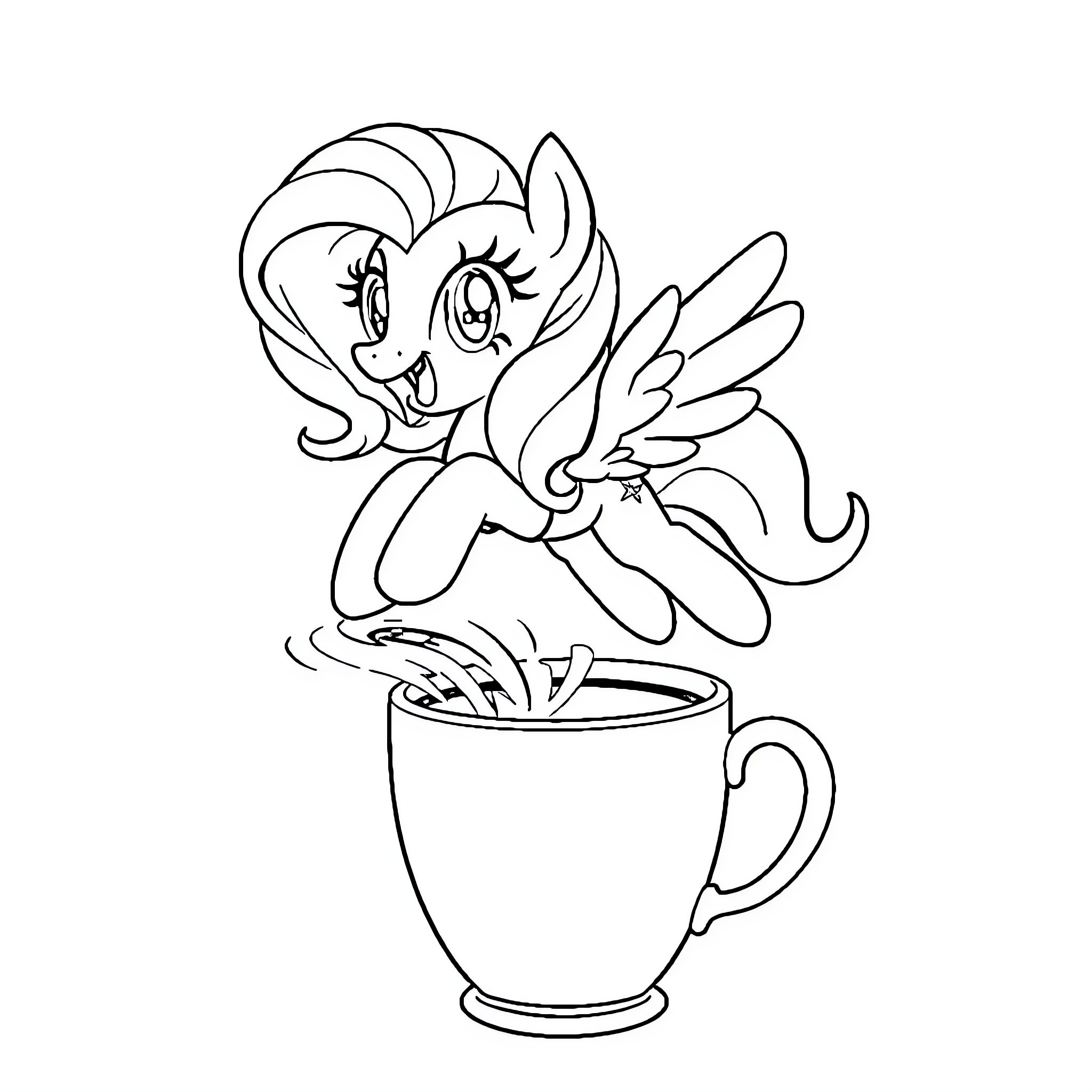 Pinkie Pie Playing in a Teacup Coloring Page (free black-and-white line drawing printable PDF for all, from beginners to advanced learners, including children, teens, adults, and seniors)