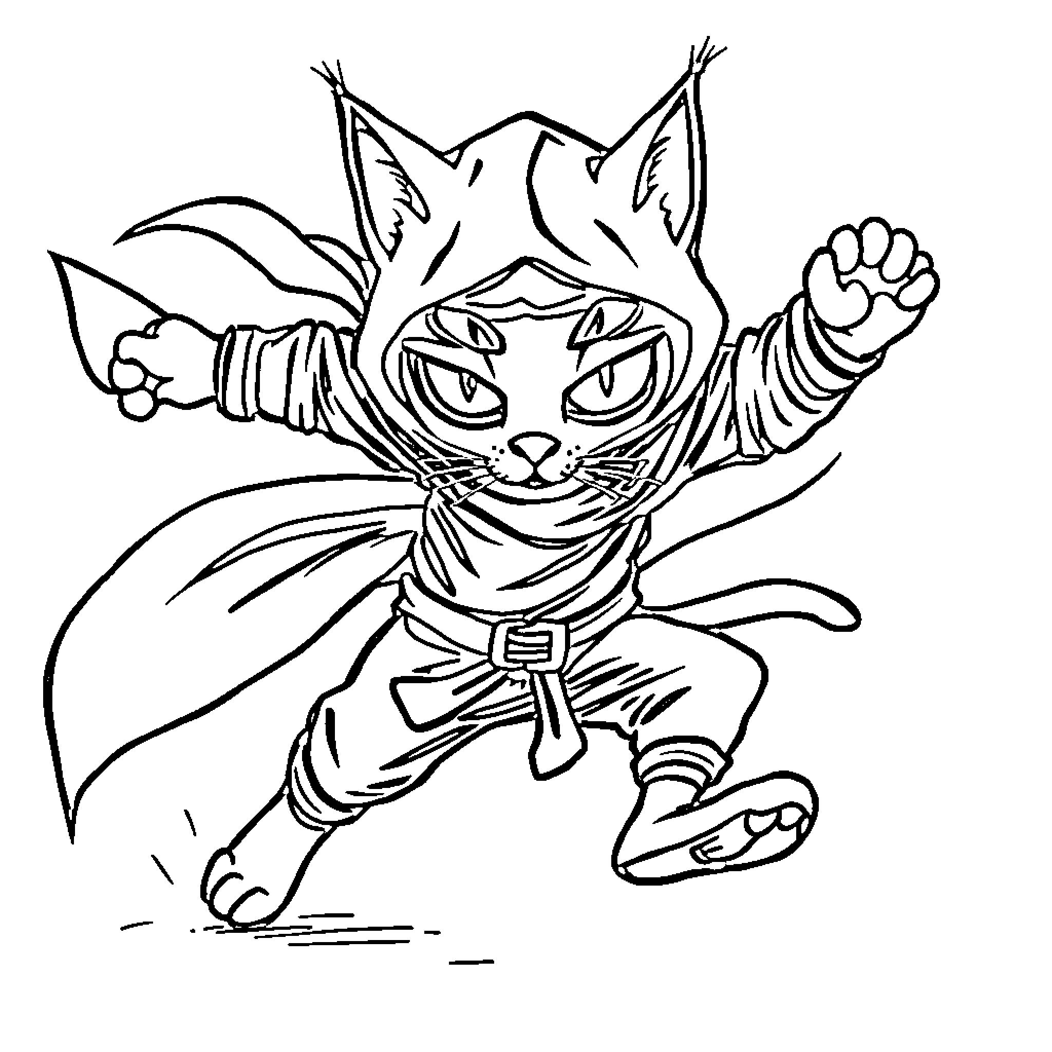Ninja Cat in Fierce Battle Stance Coloring Page (free black-and-white line drawing printable PDF for all, from beginners to advanced learners, including children, teens, adults, and seniors)