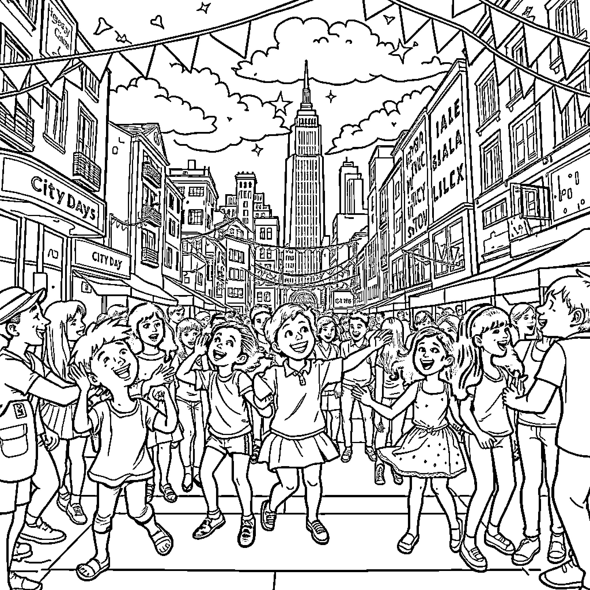 City Street Celebration with Vibrant Crowd Coloring Page (free black-and-white line drawing printable PDF for all, from beginners to advanced learners, including children, teens, adults, and seniors)