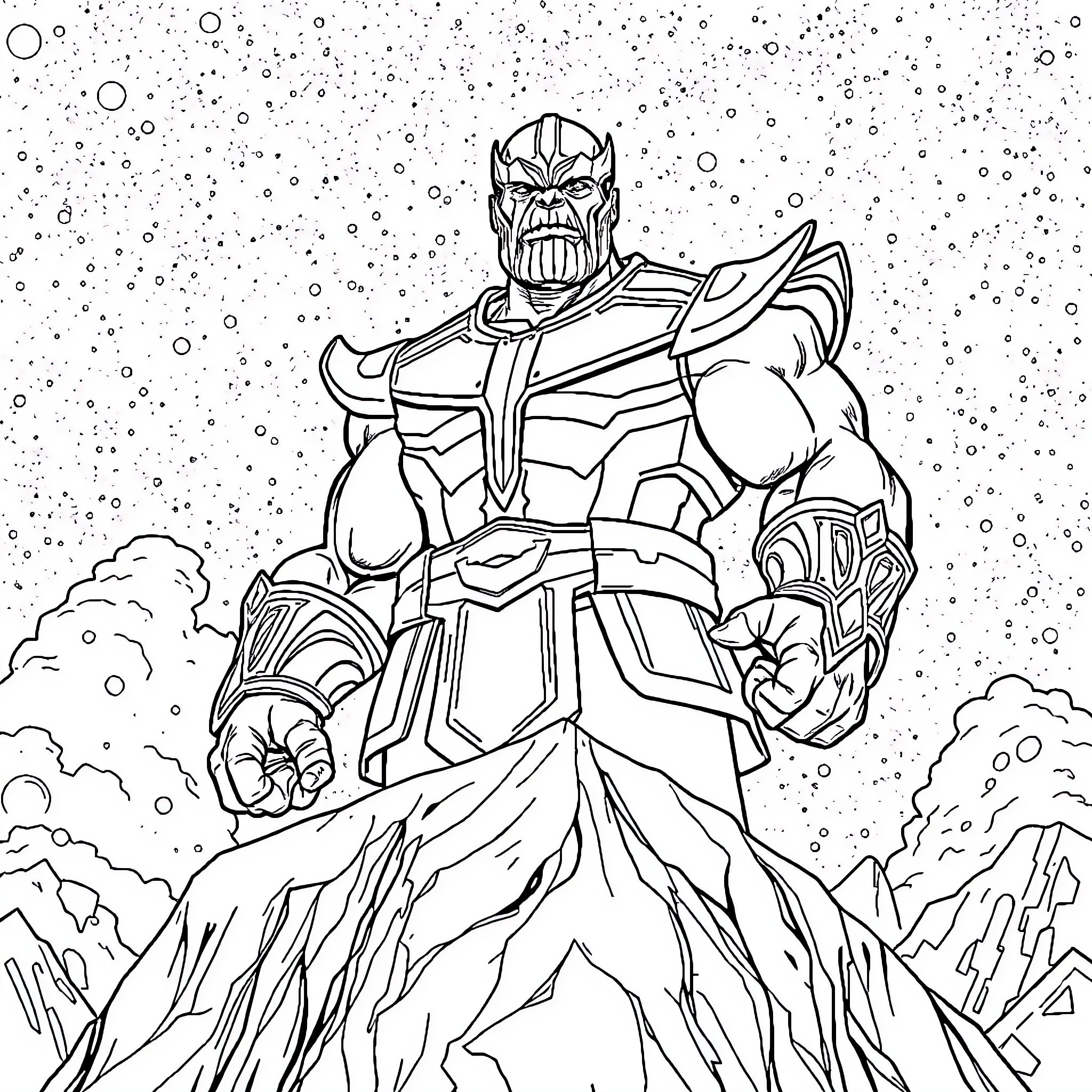 Thanos, the Powerful Titan, Stands Resolute Coloring Page (free black-and-white line drawing printable PDF for all, from beginners to advanced learners, including children, teens, adults, and seniors)