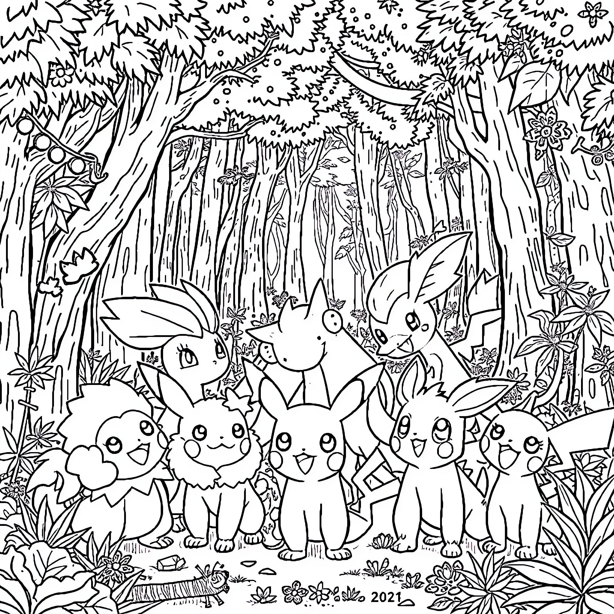 Pokémon characters exploring the lush forest Coloring Page (free black-and-white line drawing printable PDF for all, from beginners to advanced learners, including children, teens, adults, and seniors)