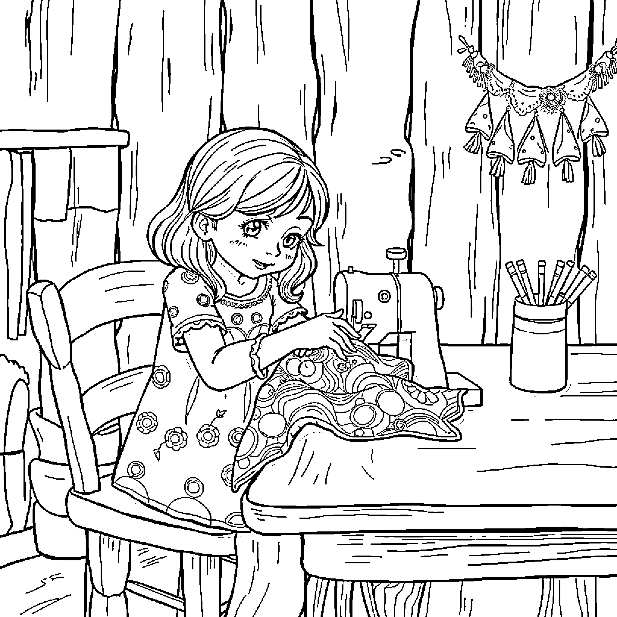 Gabi sewing at her workbench in the cozy studio Coloring Page (free black-and-white line drawing printable PDF for all, from beginners to advanced learners, including children, teens, adults, and seniors)