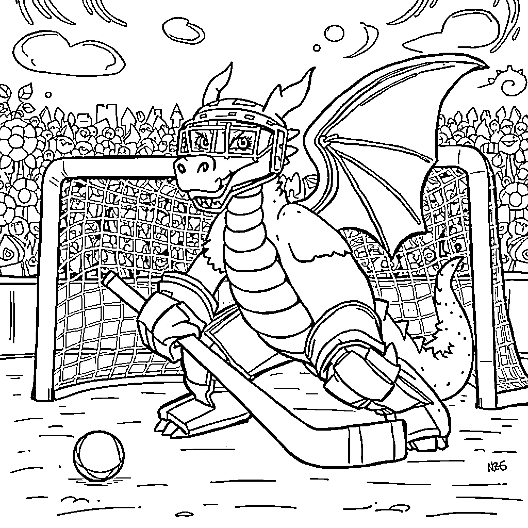 Dragon playing soccer in a magical field Coloring Page (free black-and-white line drawing printable PDF for all, from beginners to advanced learners, including children, teens, adults, and seniors)