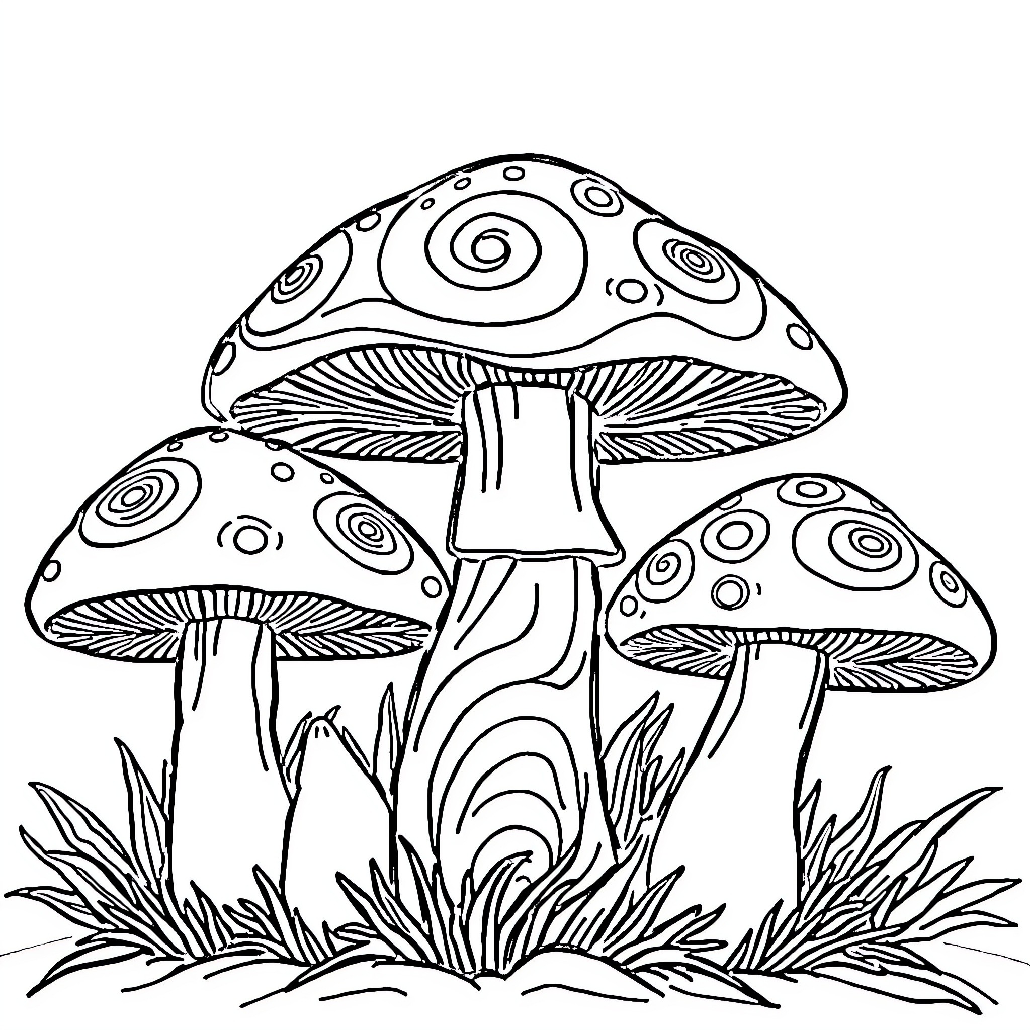 Mushroom fantasy scene with abstract designs Coloring Page (free black-and-white line drawing printable PDF for all, from beginners to advanced learners, including children, teens, adults, and seniors)
