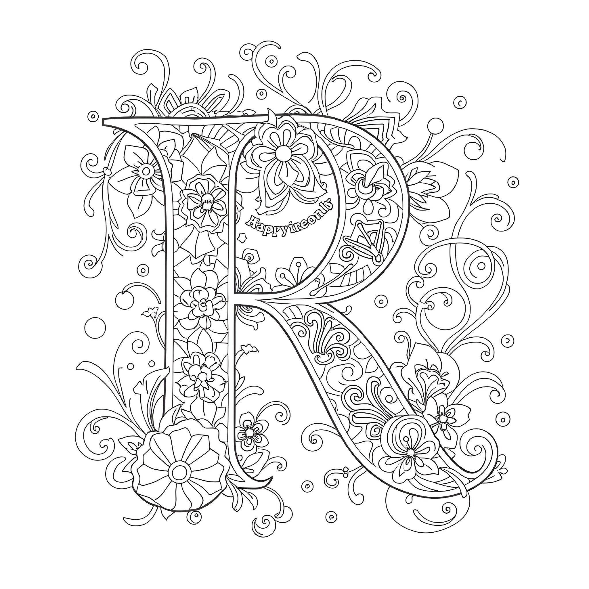 Richly Detailed Floral Monogram 'R' Coloring Page (free black-and-white line drawing printable PDF for all, from beginners to advanced learners, including children, teens, adults, and seniors)
