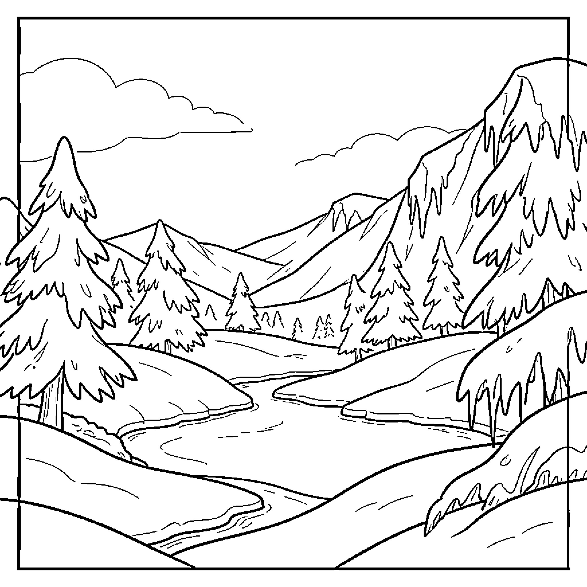 Frozen winter landscape with mountain peaks Coloring Page (free black-and-white line drawing printable PDF for all, from beginners to advanced learners, including children, teens, adults, and seniors)