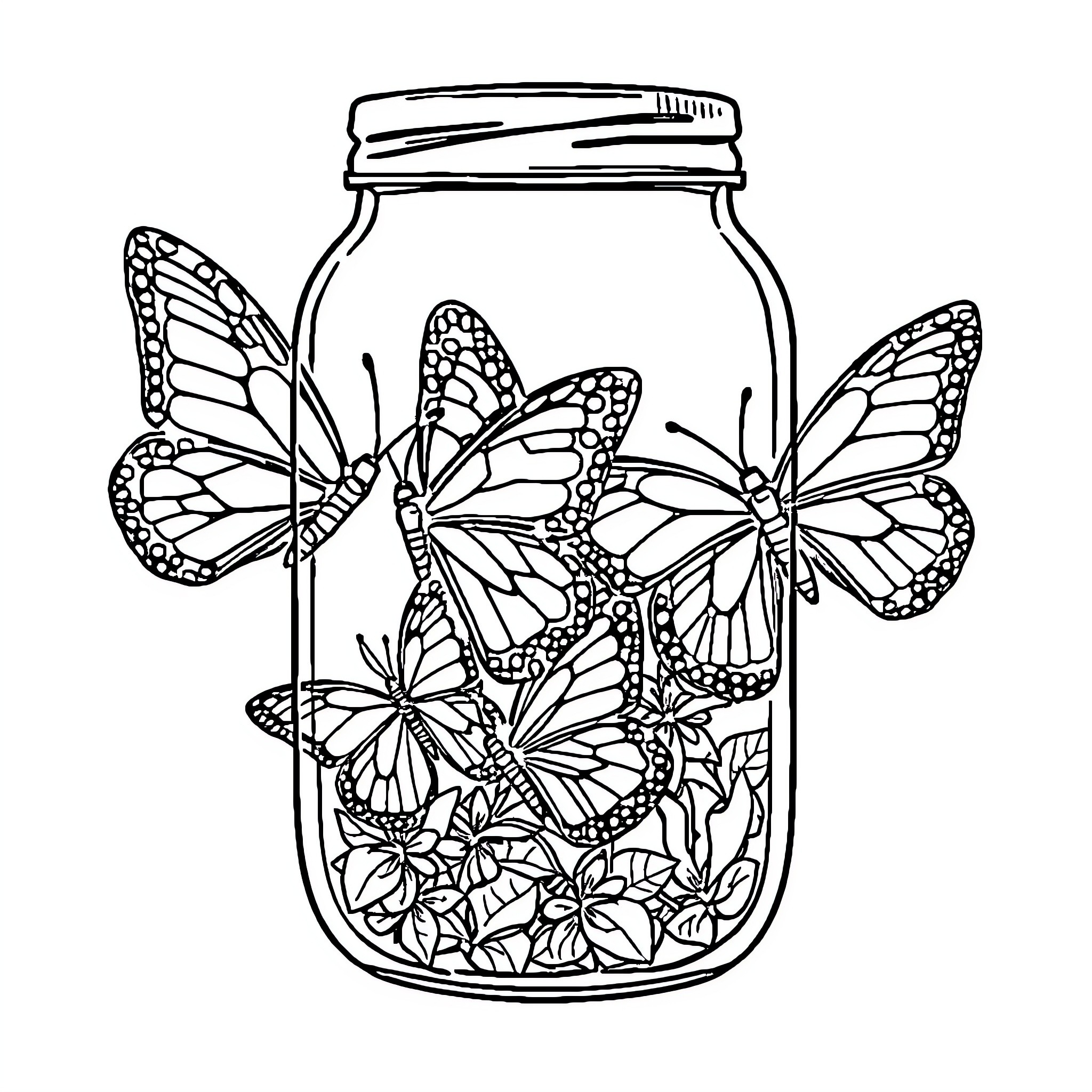 Butterfly Jar Filled with Graceful Butterflies Coloring Page (free black-and-white line drawing printable PDF for all, from beginners to advanced learners, including children, teens, adults, and seniors)