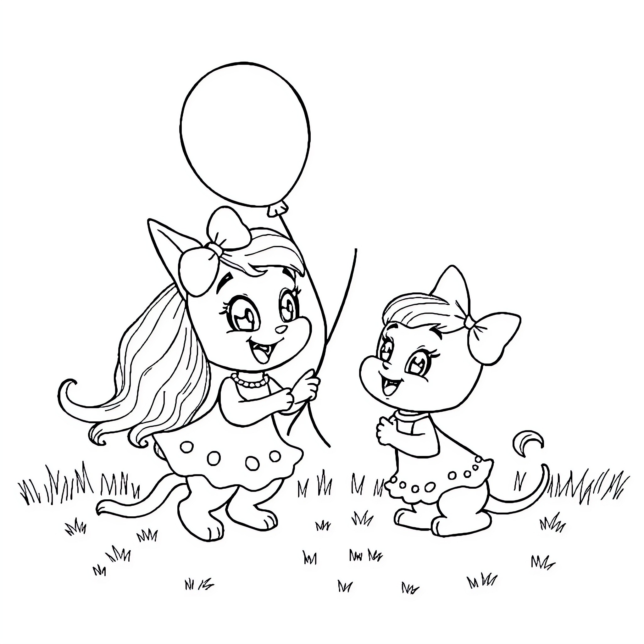 Bluey and Bingo playing happily in the grass Coloring Page (free black-and-white line drawing printable PDF for all, from beginners to advanced learners, including children, teens, adults, and seniors)