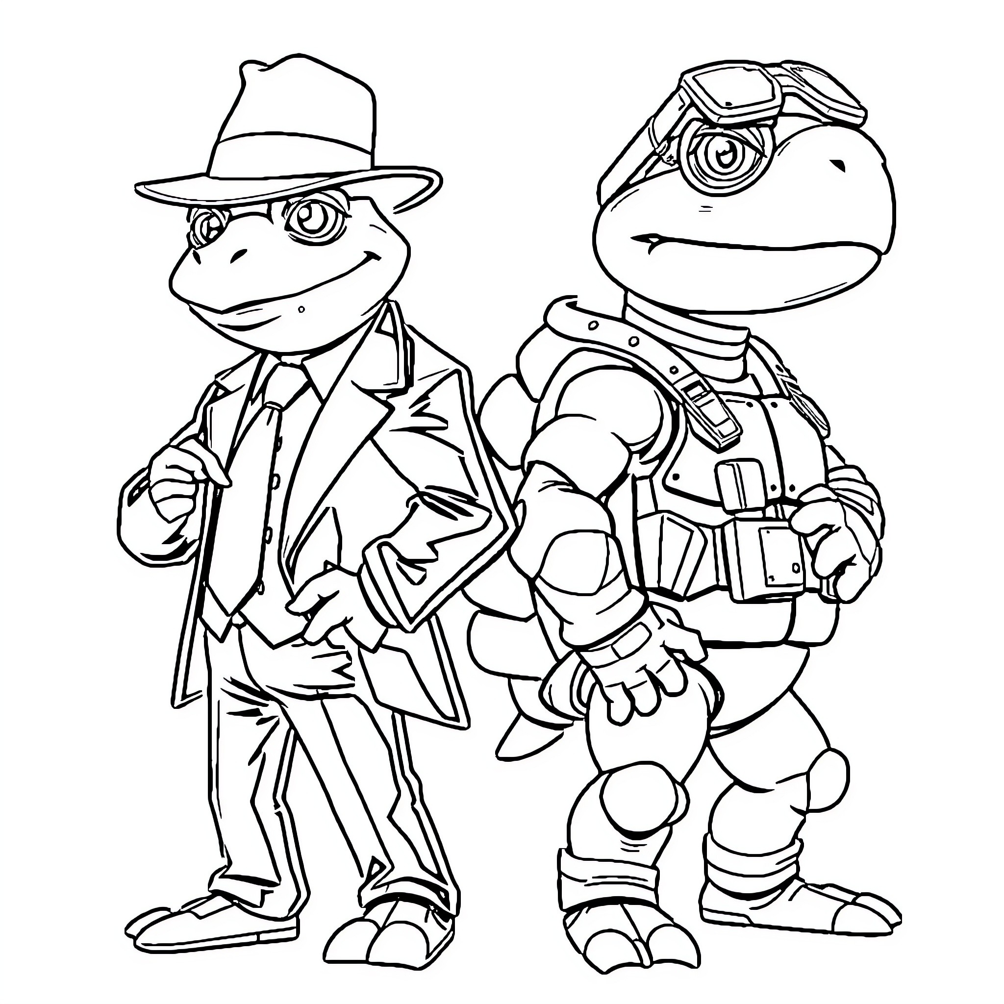 Secret Agent Frogs on Covert Mission Coloring Page (free black-and-white line drawing printable PDF for all, from beginners to advanced learners, including children, teens, adults, and seniors)