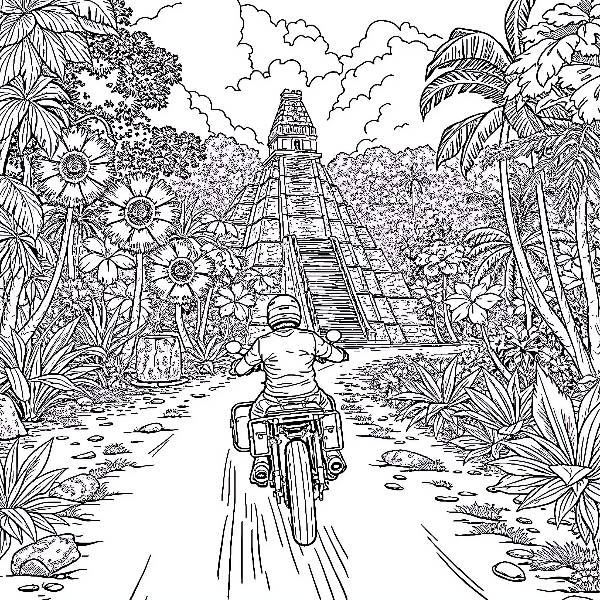 Moto Adventure Through Lush Jungle Landscape Coloring Page (free black-and-white line drawing printable PDF for all, from beginners to advanced learners, including children, teens, adults, and seniors)
