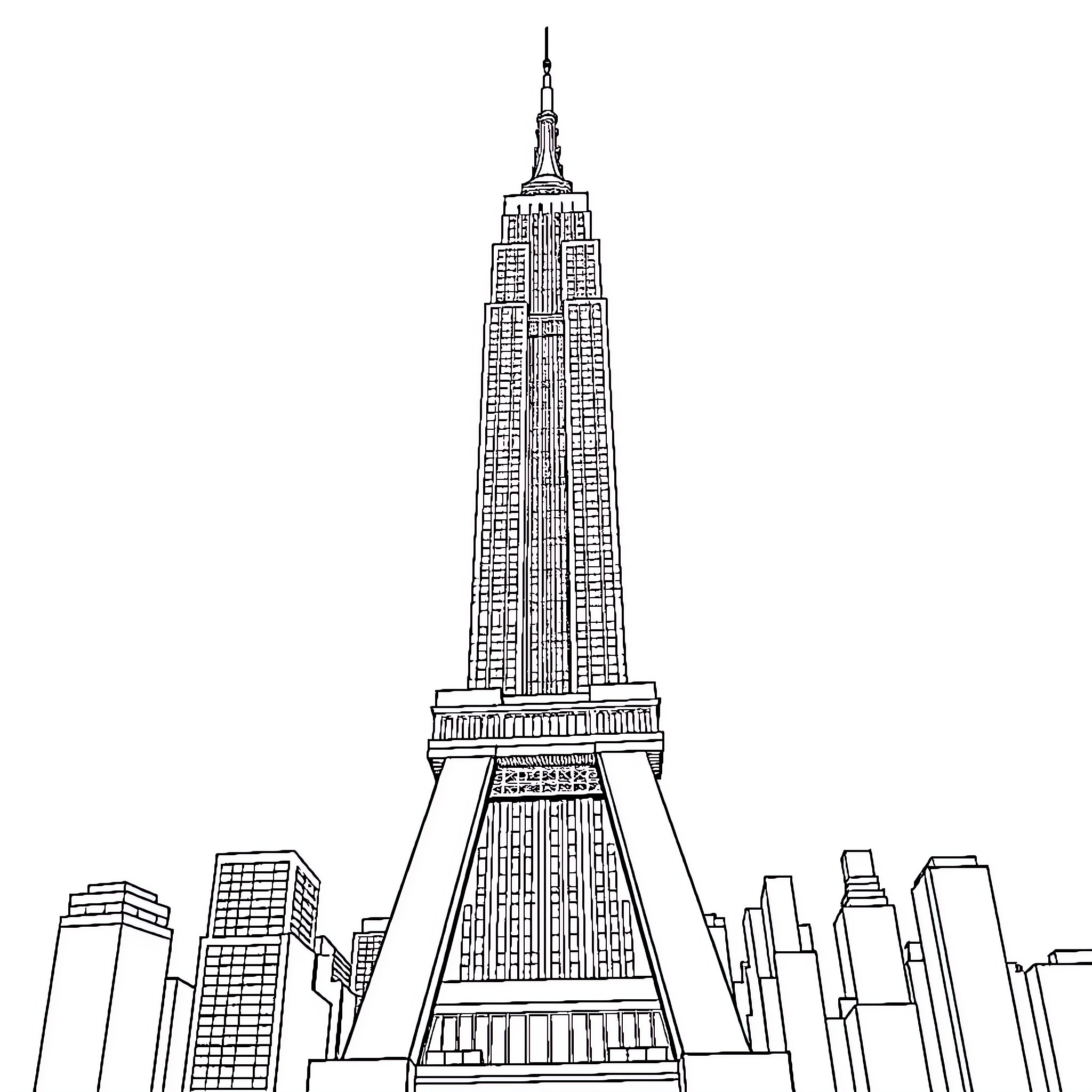 Empire State Building in New York City skyline Coloring Page (free black-and-white line drawing printable PDF for all, from beginners to advanced learners, including children, teens, adults, and seniors)
