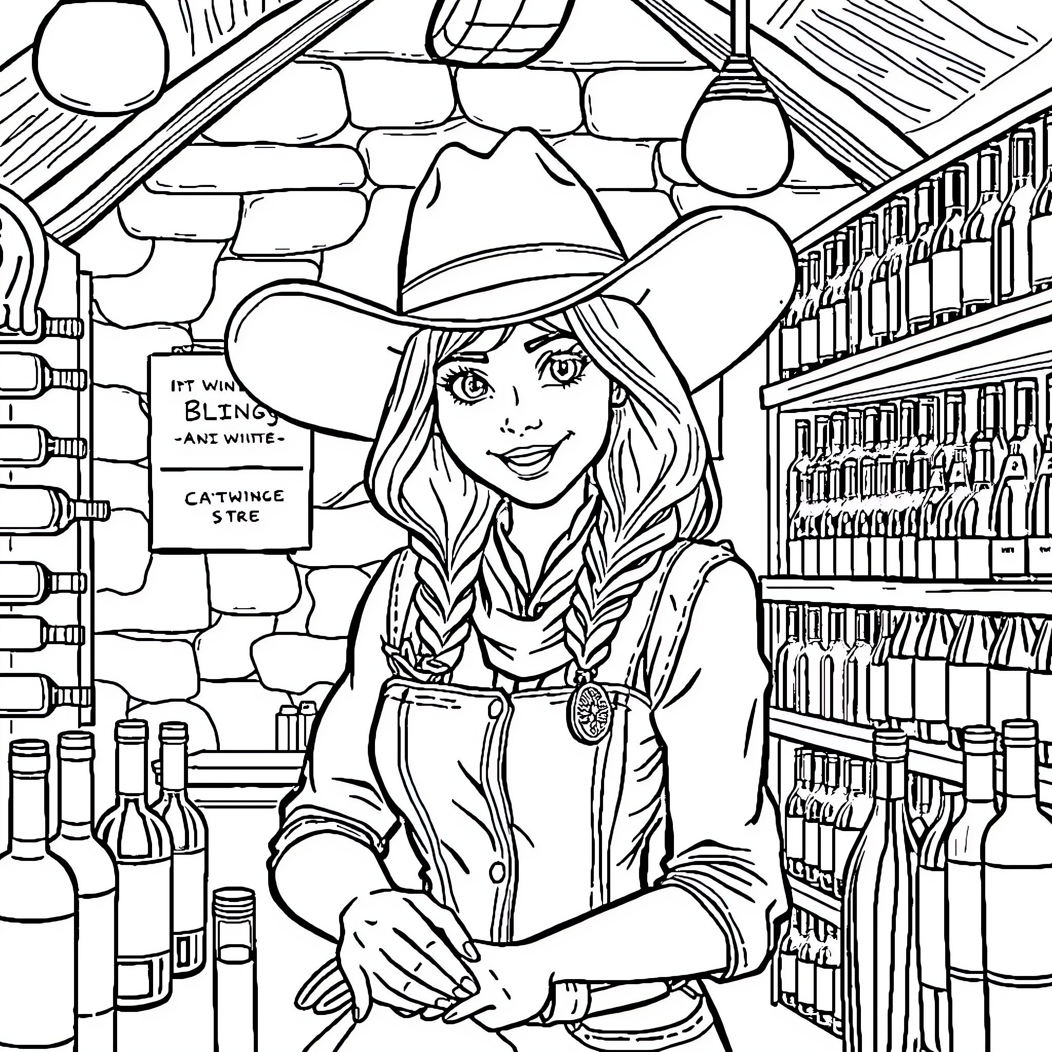 Cowgirl working diligently in her general store Coloring Page (free black-and-white line drawing printable PDF for all, from beginners to advanced learners, including children, teens, adults, and seniors)