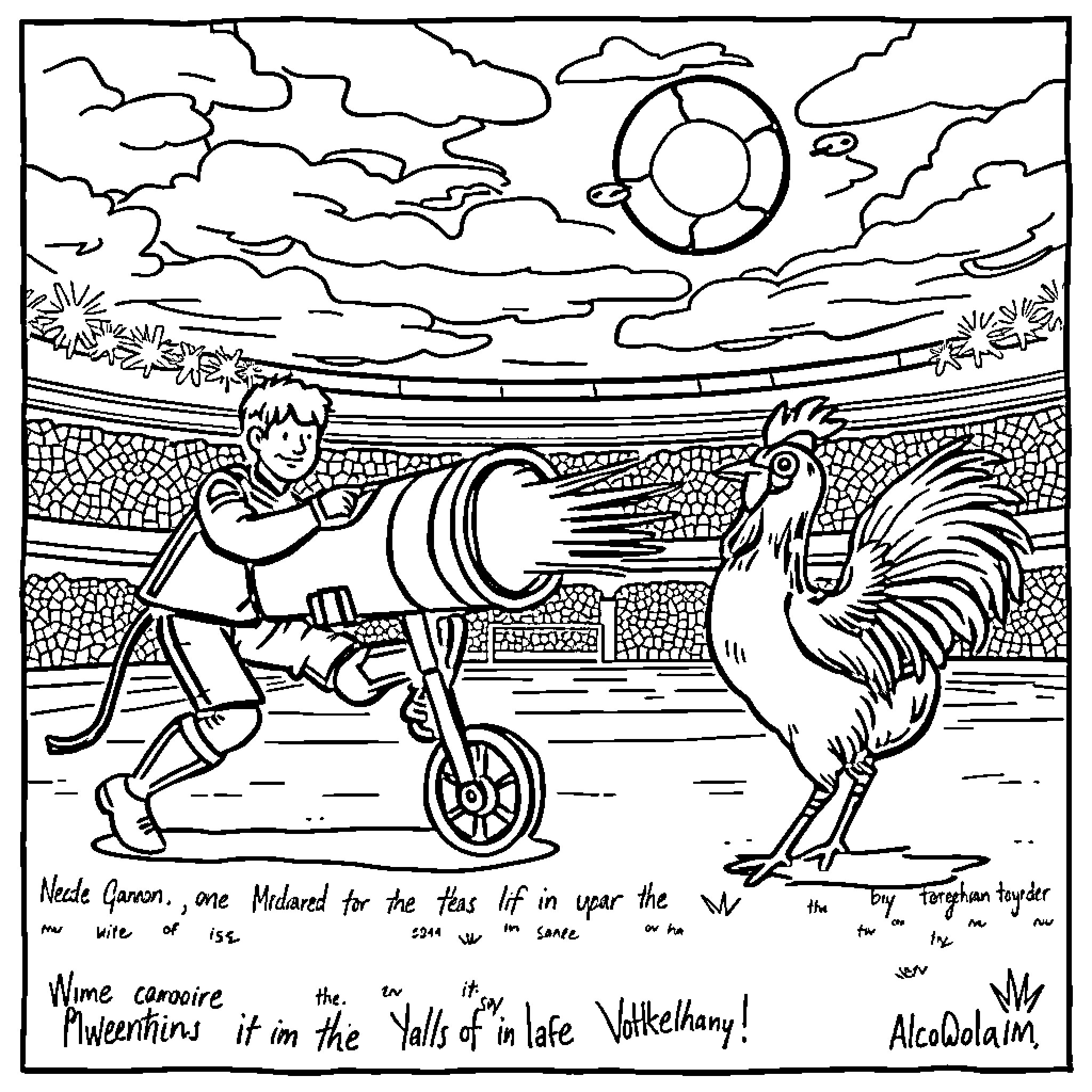 Cannon Performer Entertains Audience with Tricycle Stunt Coloring Page (free black-and-white line drawing printable PDF for all, from beginners to advanced learners, including children, teens, adults, and seniors)