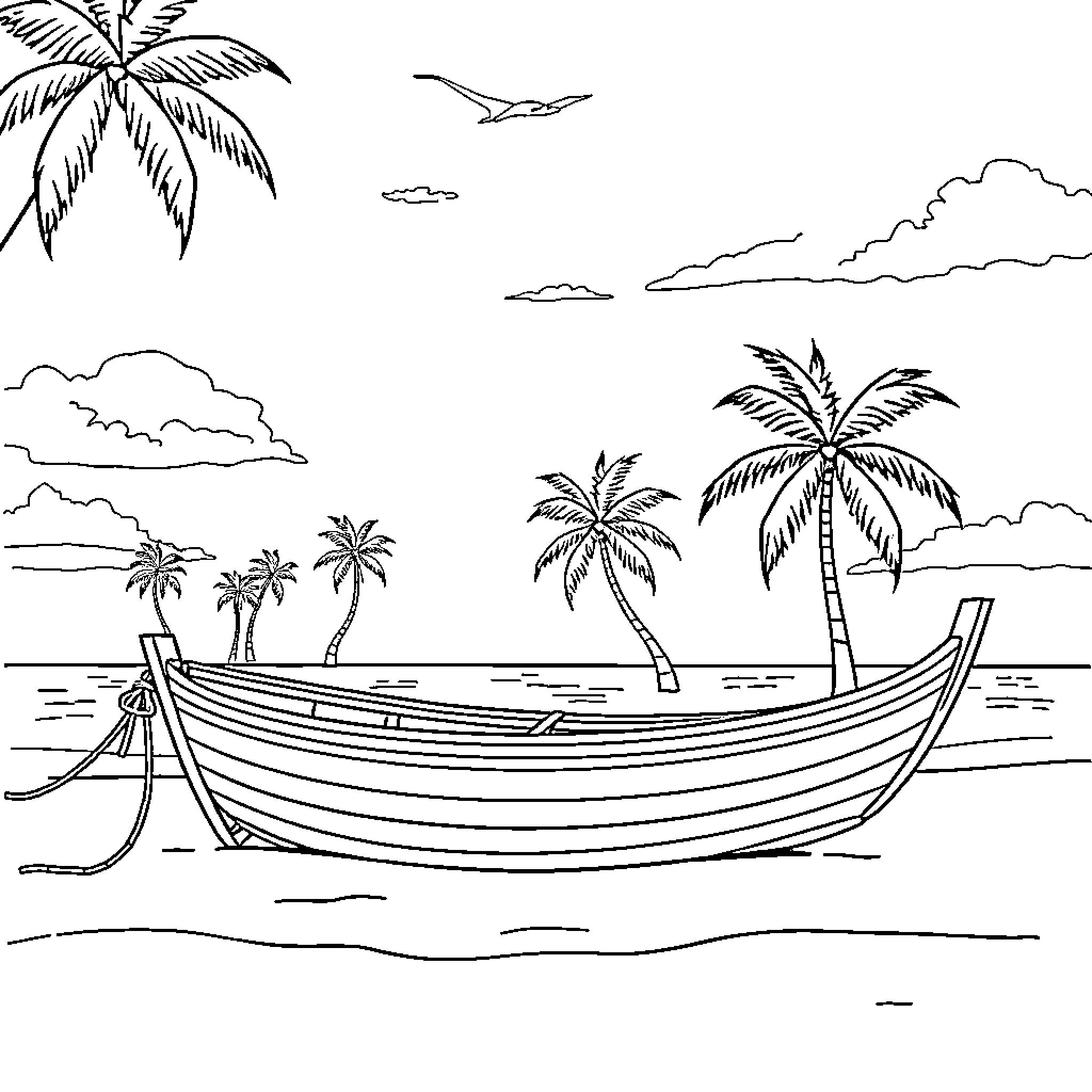Boat sailing along tropical coastline Coloring Page (free black-and-white line drawing printable PDF for all, from beginners to advanced learners, including children, teens, adults, and seniors)