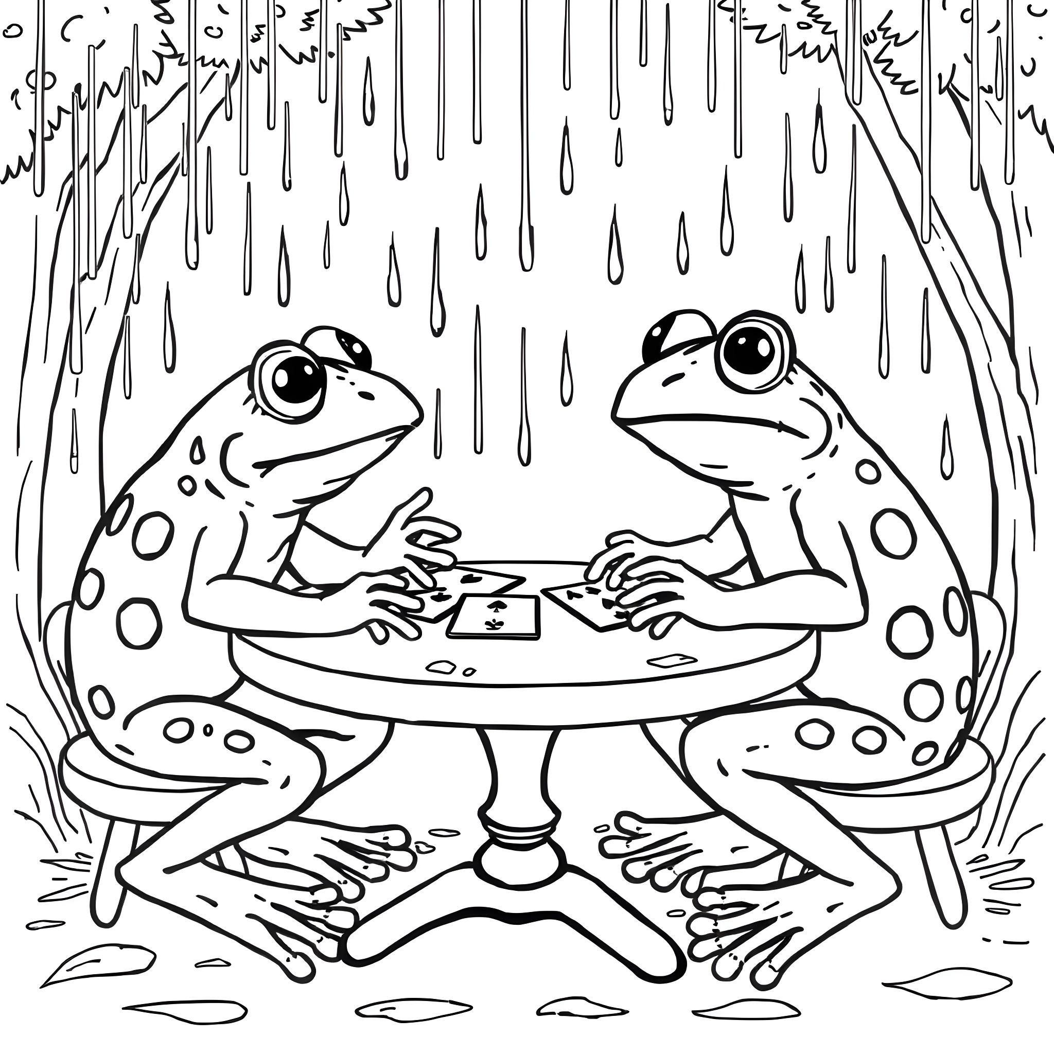 Frogs playing games in the rain Coloring Page (free black-and-white line drawing printable PDF for all, from beginners to advanced learners, including children, teens, adults, and seniors)