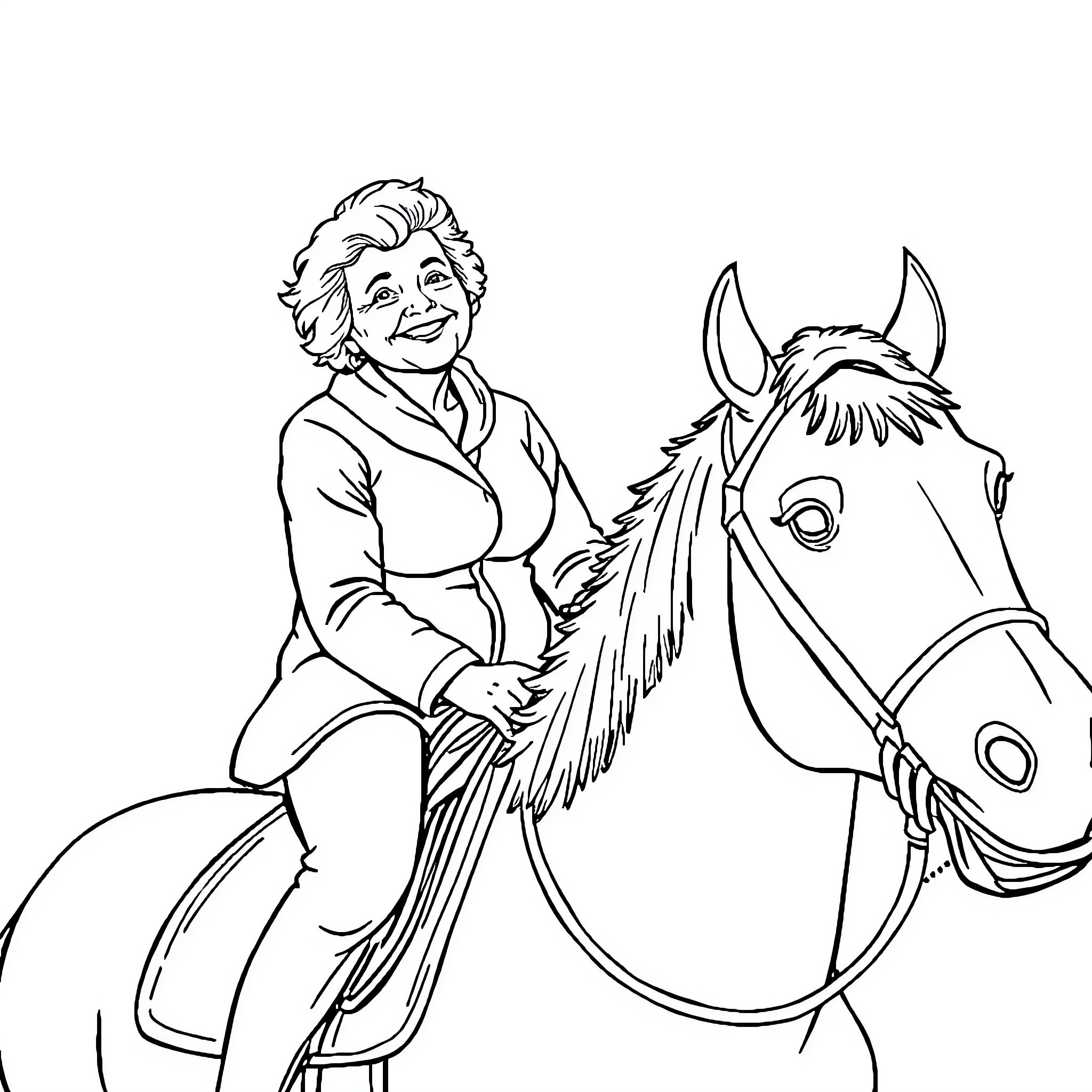 Senior Equestrian Enjoying Horseback Riding Coloring Page (free black-and-white line drawing printable PDF for all, from beginners to advanced learners, including children, teens, adults, and seniors)