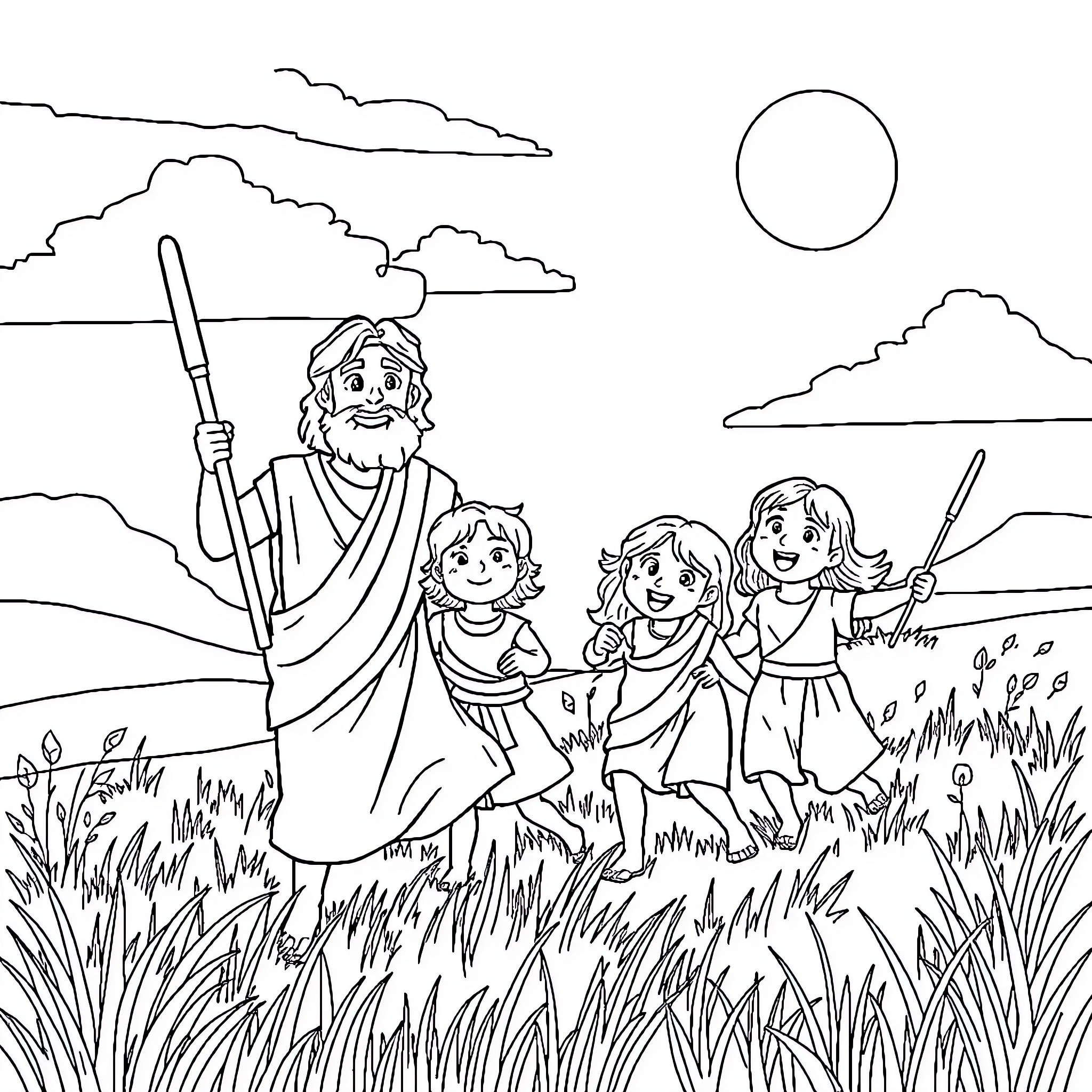 Samson teaching children in a grassy field Coloring Page (free black-and-white line drawing printable PDF for all, from beginners to advanced learners, including children, teens, adults, and seniors)
