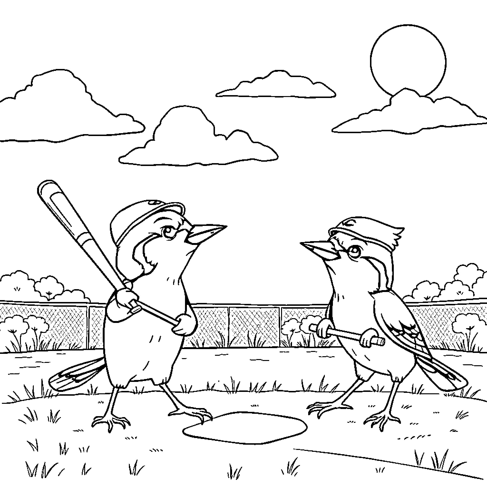 Jay's Lively Baseball Game in the Park Coloring Page (free black-and-white line drawing printable PDF for all, from beginners to advanced learners, including children, teens, adults, and seniors)
