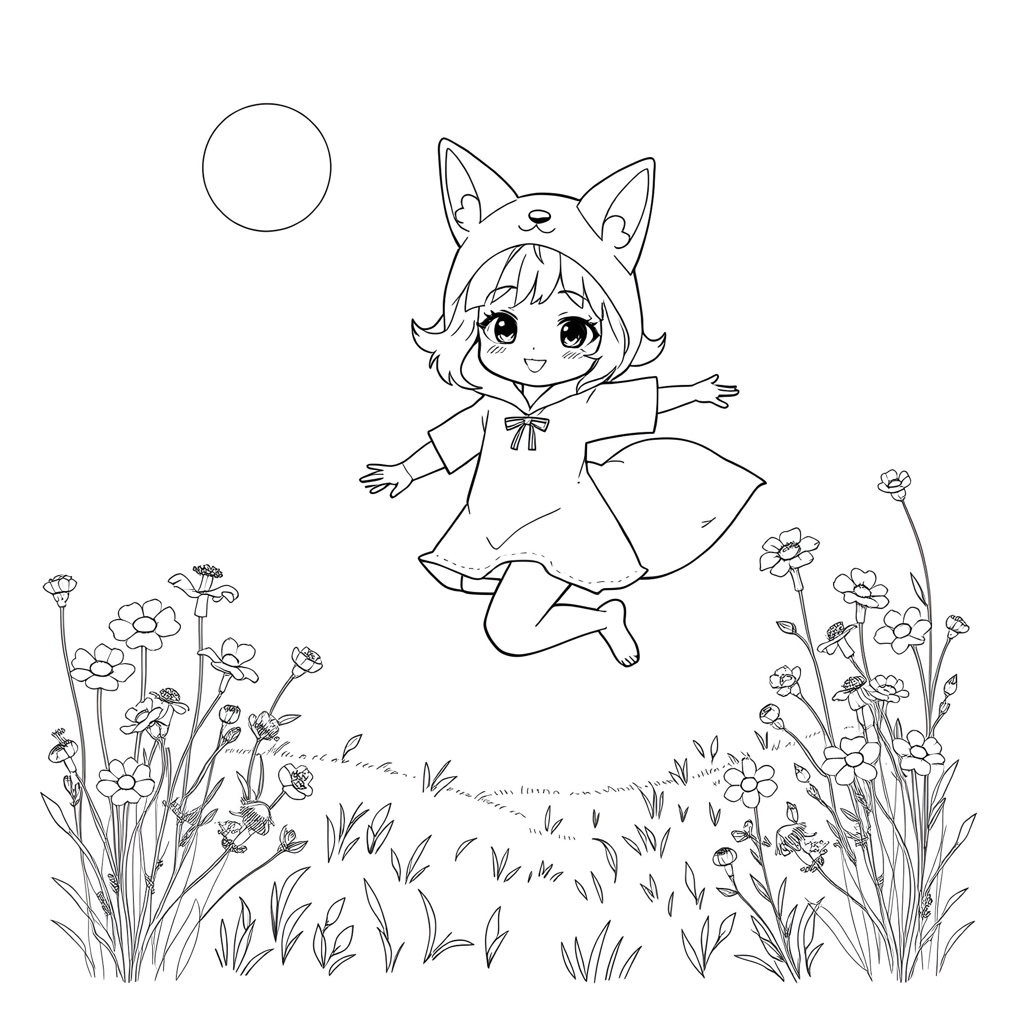 Gacha Girl Frolicking in Flowery Field Coloring Page (free black-and-white line drawing printable PDF for all, from beginners to advanced learners, including children, teens, adults, and seniors)