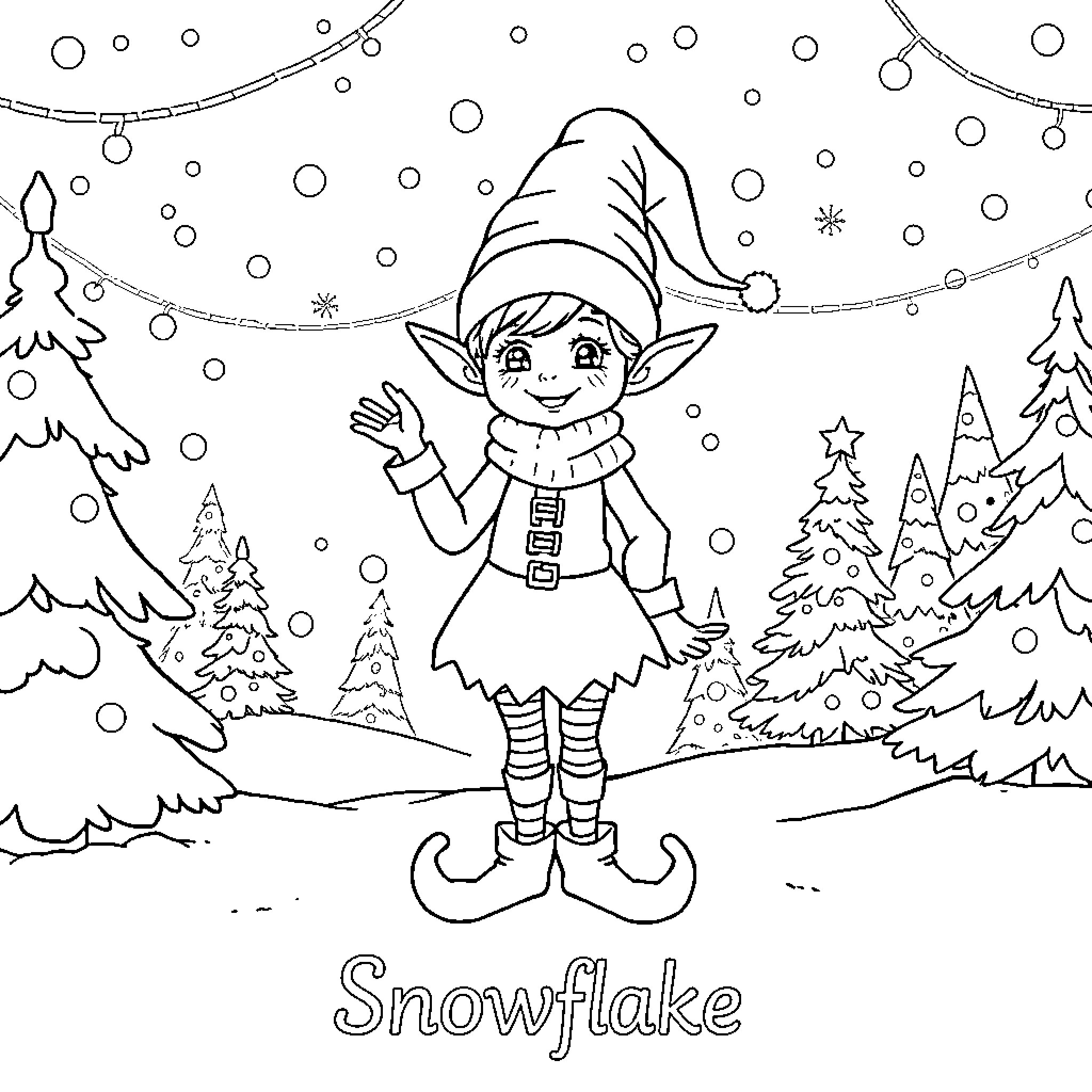 Elf Snowflake in Winter Wonderland Coloring Page (free black-and-white line drawing printable PDF for all, from beginners to advanced learners, including children, teens, adults, and seniors)