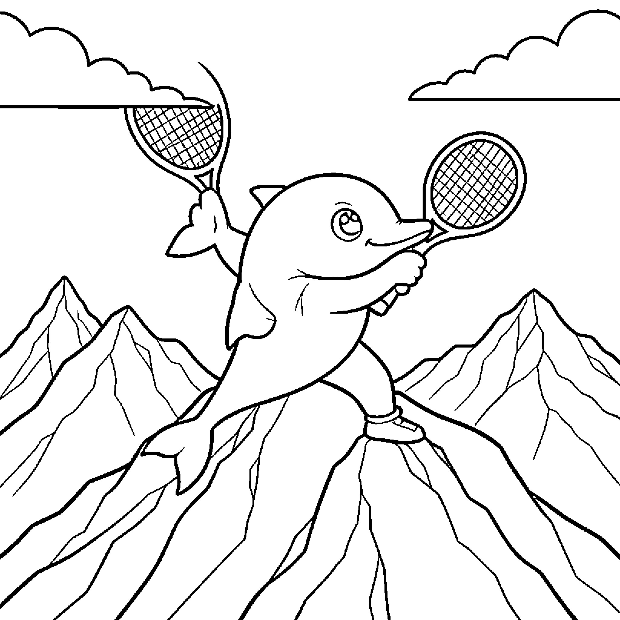 Dolphin playing tennis on top of mountains Coloring Page (free black-and-white line drawing printable PDF for all, from beginners to advanced learners, including children, teens, adults, and seniors)