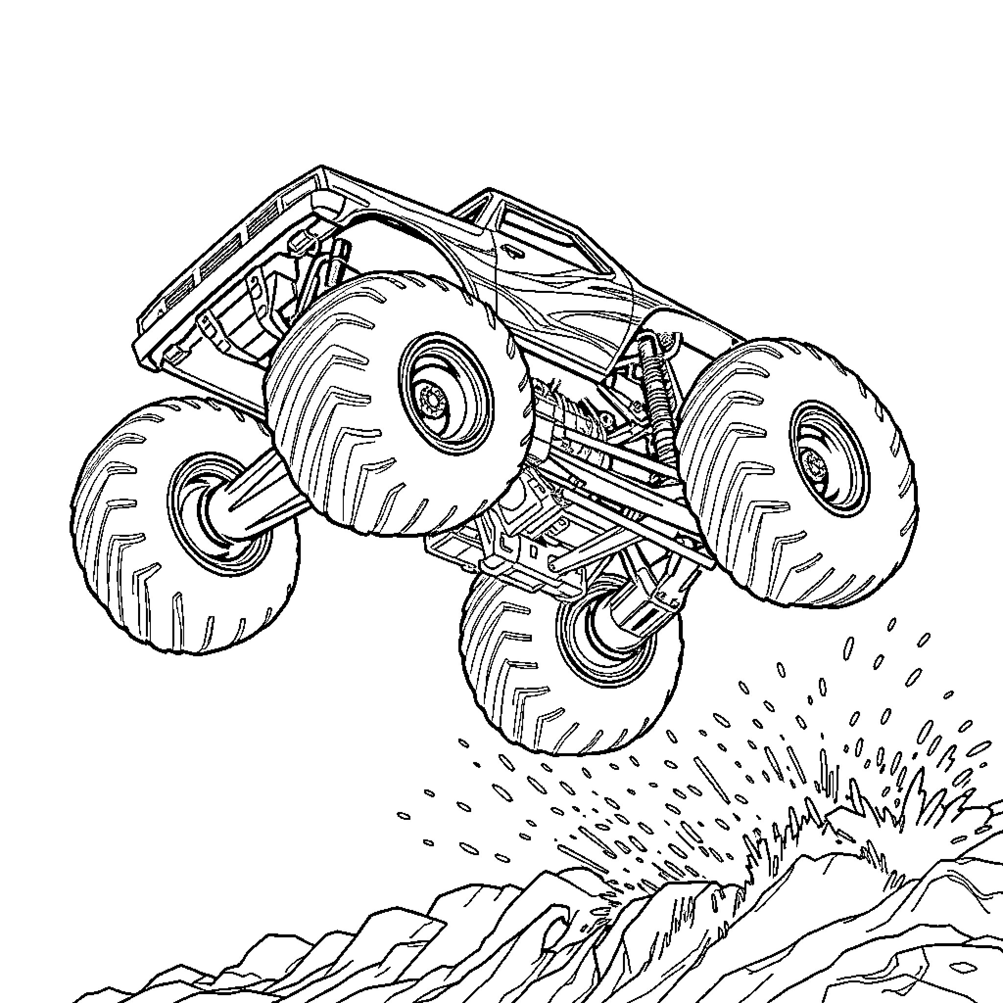 Monster Truck Soaring Over Rocky Terrain Coloring Page (free black-and-white line drawing printable PDF for all, from beginners to advanced learners, including children, teens, adults, and seniors)