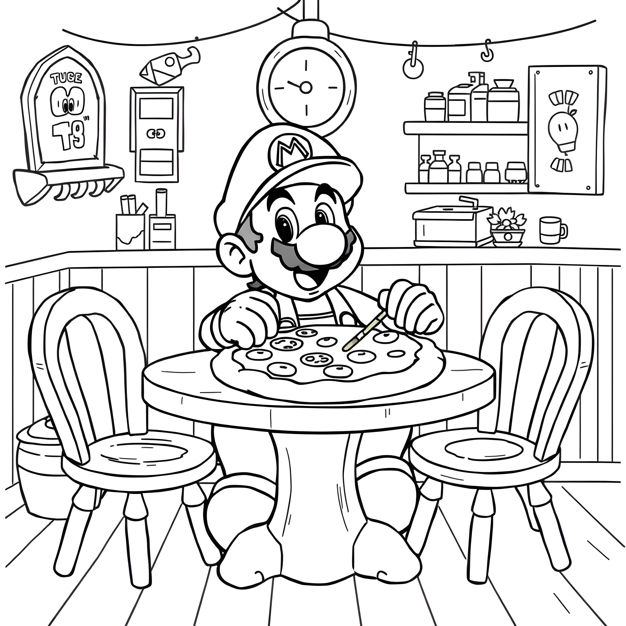 Super Mario Enjoying a Homemade Pizza in the Cozy Kitchen Coloring Page (free black-and-white line drawing printable PDF for all, from beginners to advanced learners, including children, teens, adults, and seniors)