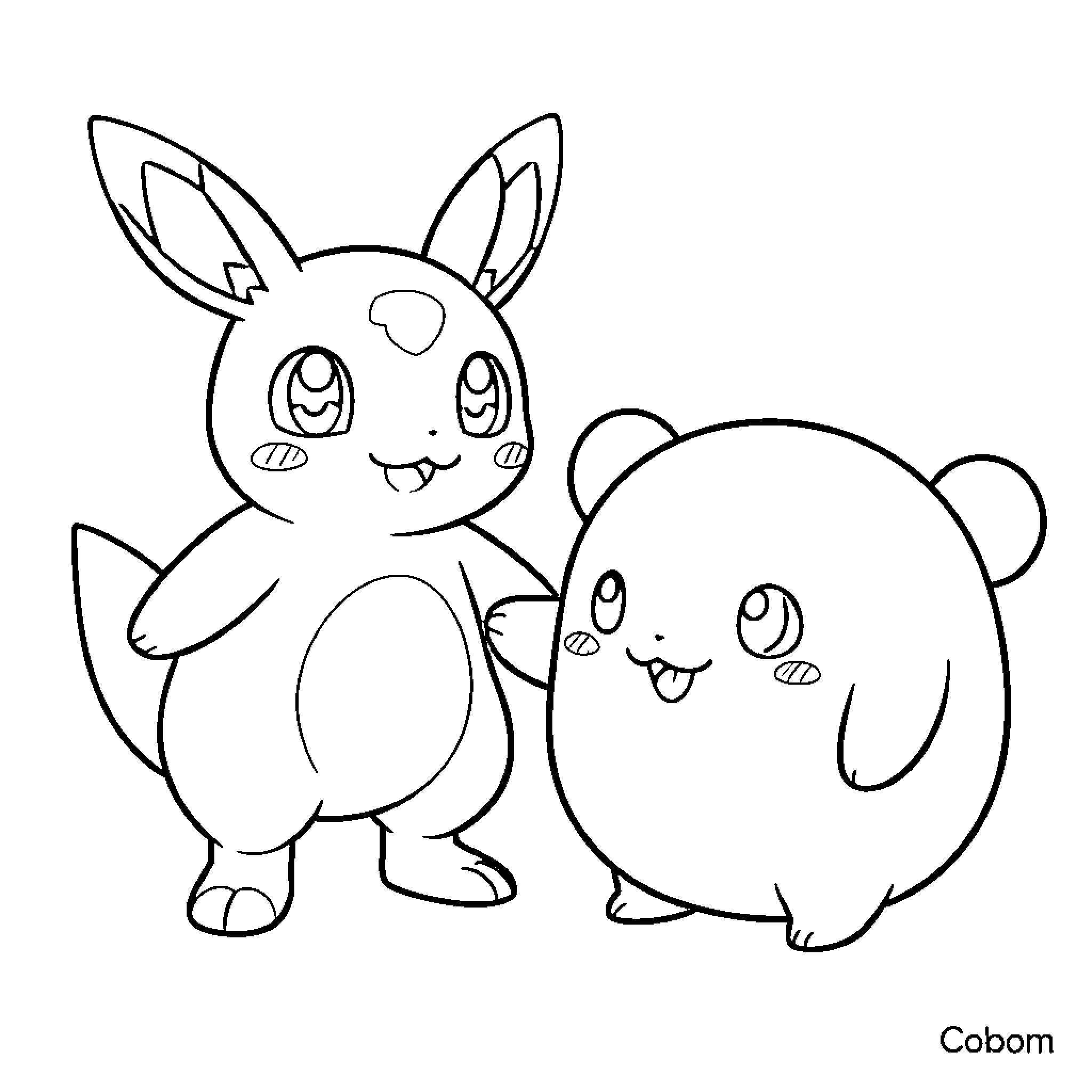 Pokémon Eevee and a small creature standing together happily Coloring Page (free black-and-white line drawing printable PDF for all, from beginners to advanced learners, including children, teens, adults, and seniors)