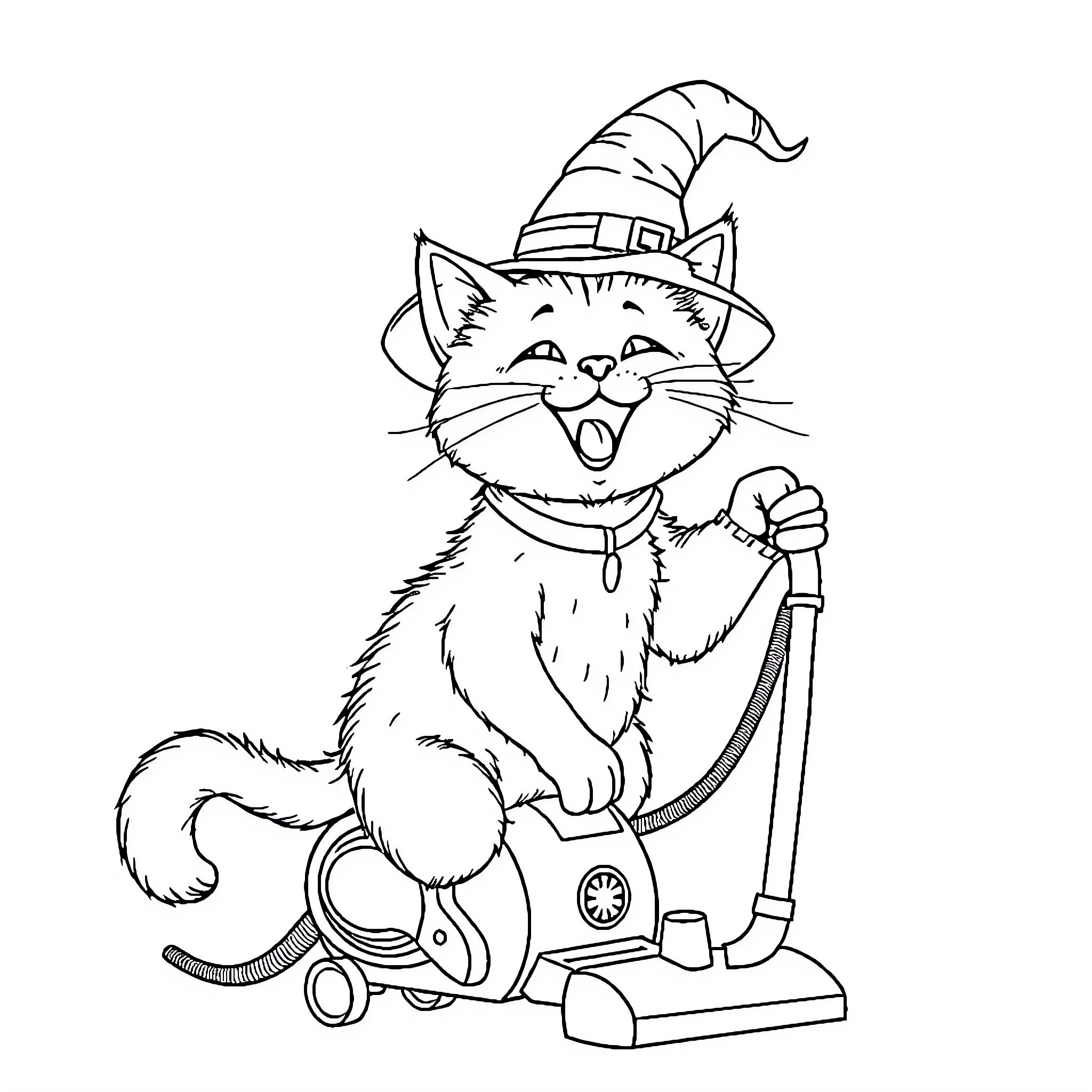 Cat Dressed as Witch with Vacuum Cleaner Coloring Page (free black-and-white line drawing printable PDF for all, from beginners to advanced learners, including children, teens, adults, and seniors)