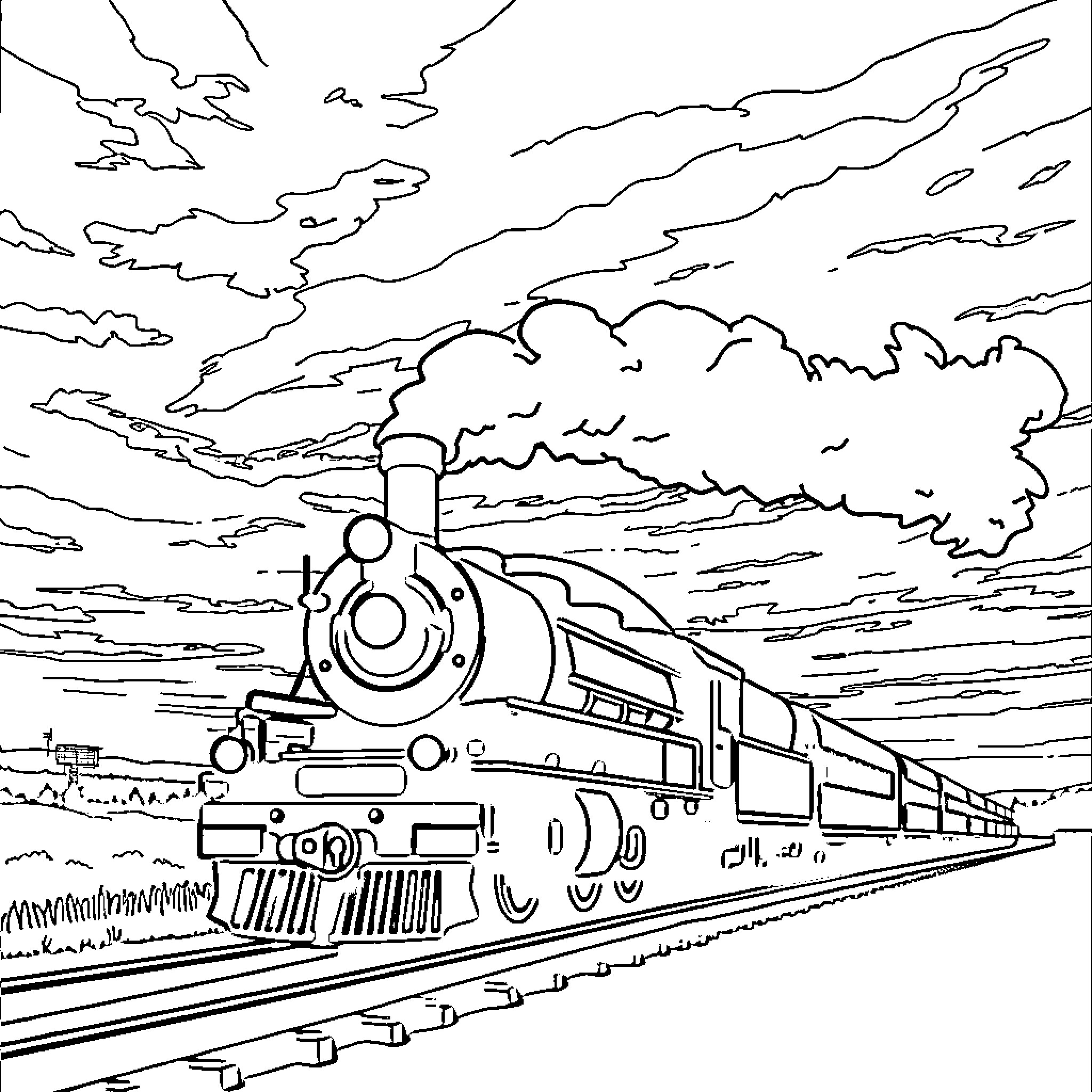 Train steaming through a dramatic landscape Coloring Page (free black-and-white line drawing printable PDF for all, from beginners to advanced learners, including children, teens, adults, and seniors)