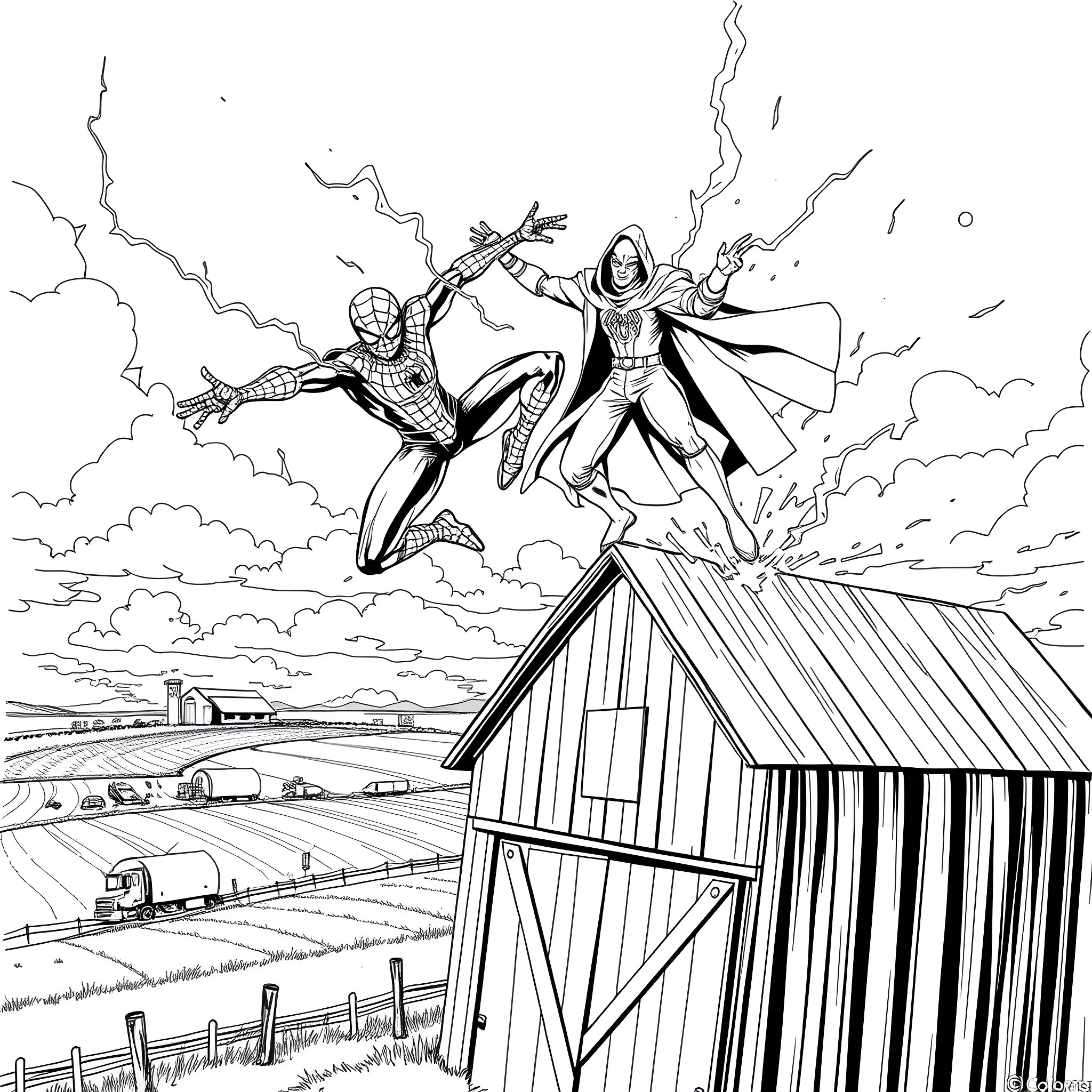 Spider-Man and Doctor Strange battling on a rural landscape Coloring Page (free black-and-white line drawing printable PDF for all, from beginners to advanced learners, including children, teens, adults, and seniors)