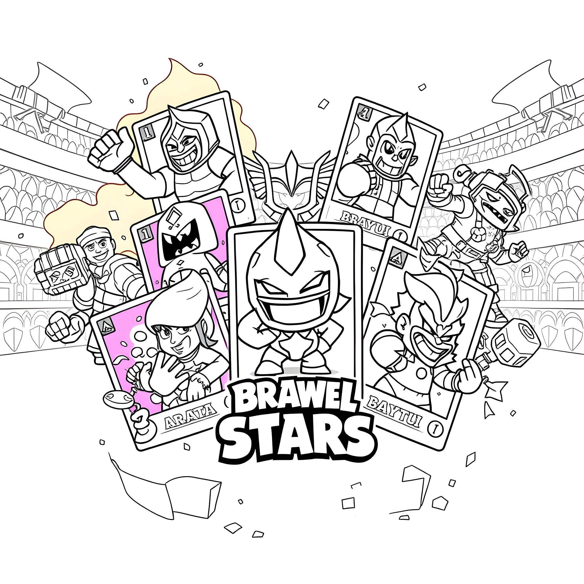 Brawlstars: Epic Battle Royale Characters in Action Coloring Page (free black-and-white line drawing printable PDF for all, from beginners to advanced learners, including children, teens, adults, and seniors)