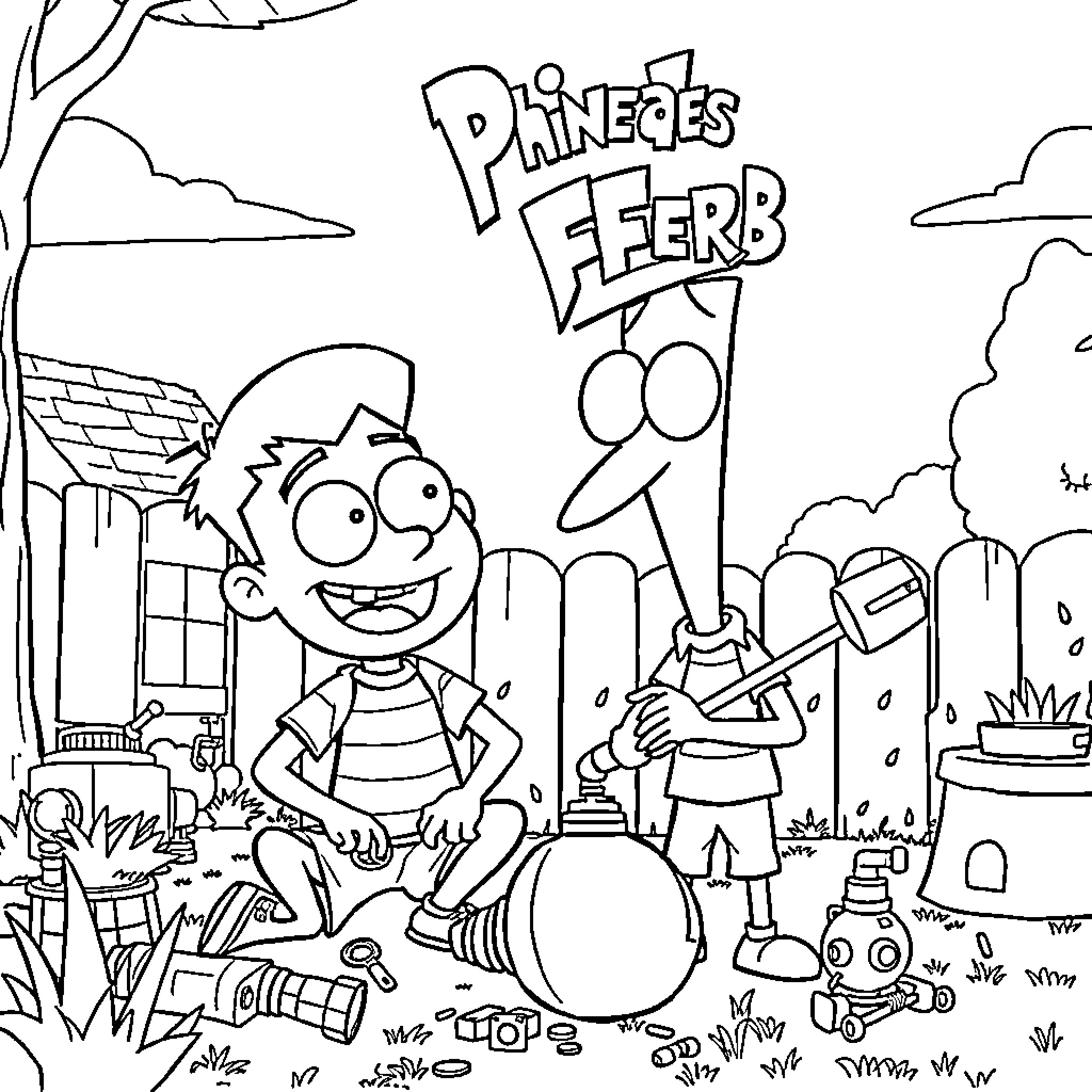 Phineas and Ferb playing with their inventions Coloring Page (free black-and-white line drawing printable PDF for all, from beginners to advanced learners, including children, teens, adults, and seniors)