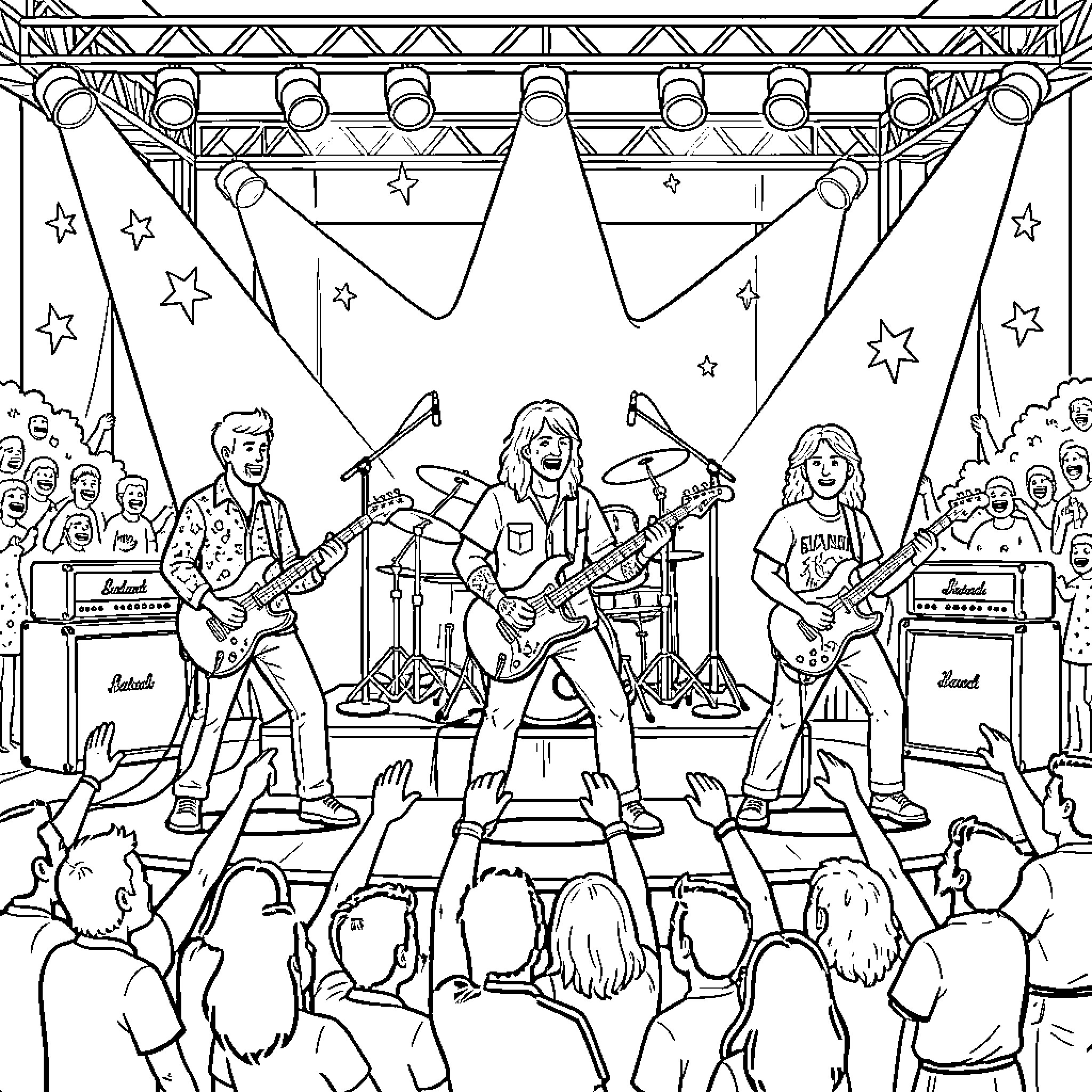 Band performing energetic music for a cheering crowd Coloring Page (free black-and-white line drawing printable PDF for all, from beginners to advanced learners, including children, teens, adults, and seniors)
