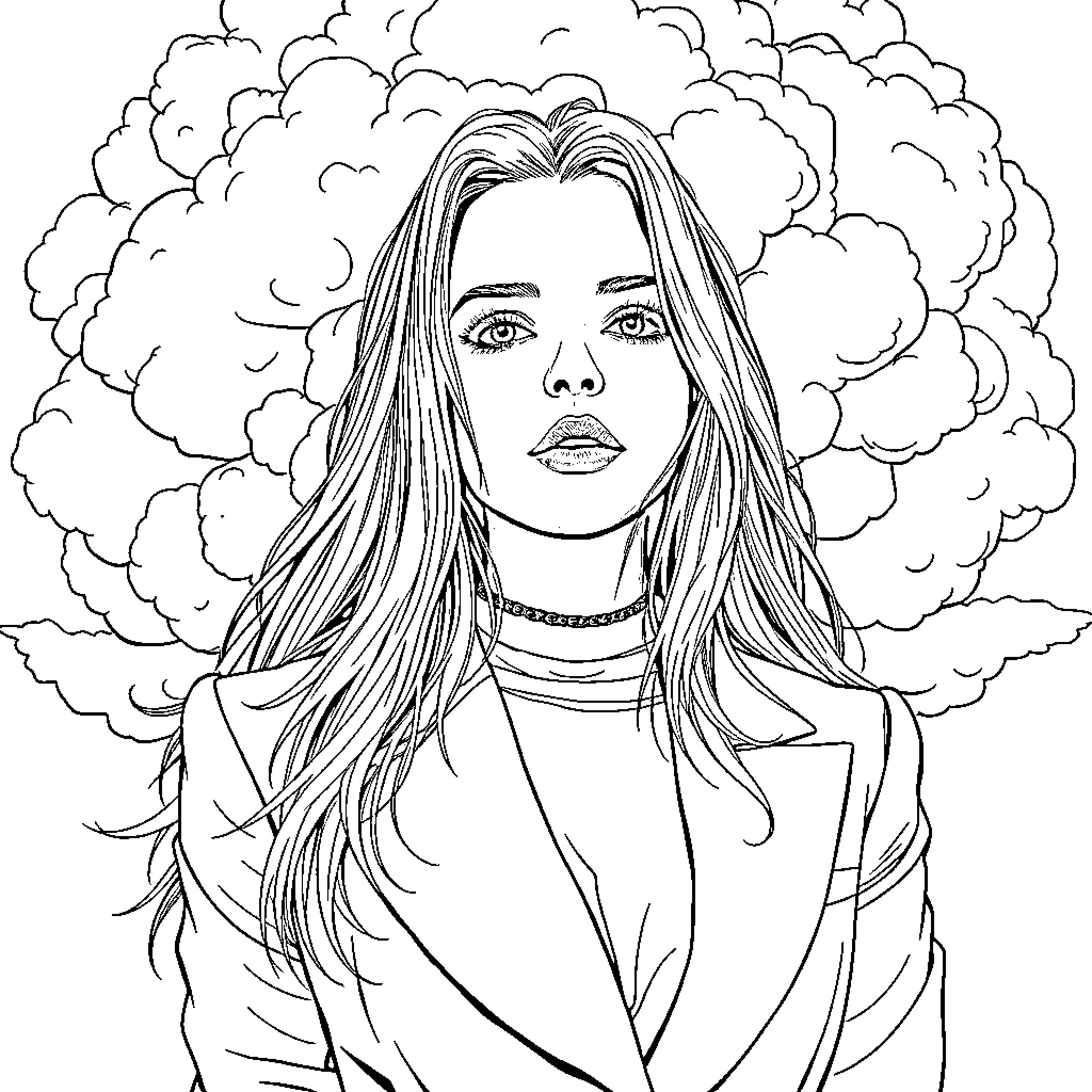 Billie Eilish in a pensive pose Coloring Page (free black-and-white line drawing printable PDF for all, from beginners to advanced learners, including children, teens, adults, and seniors)
