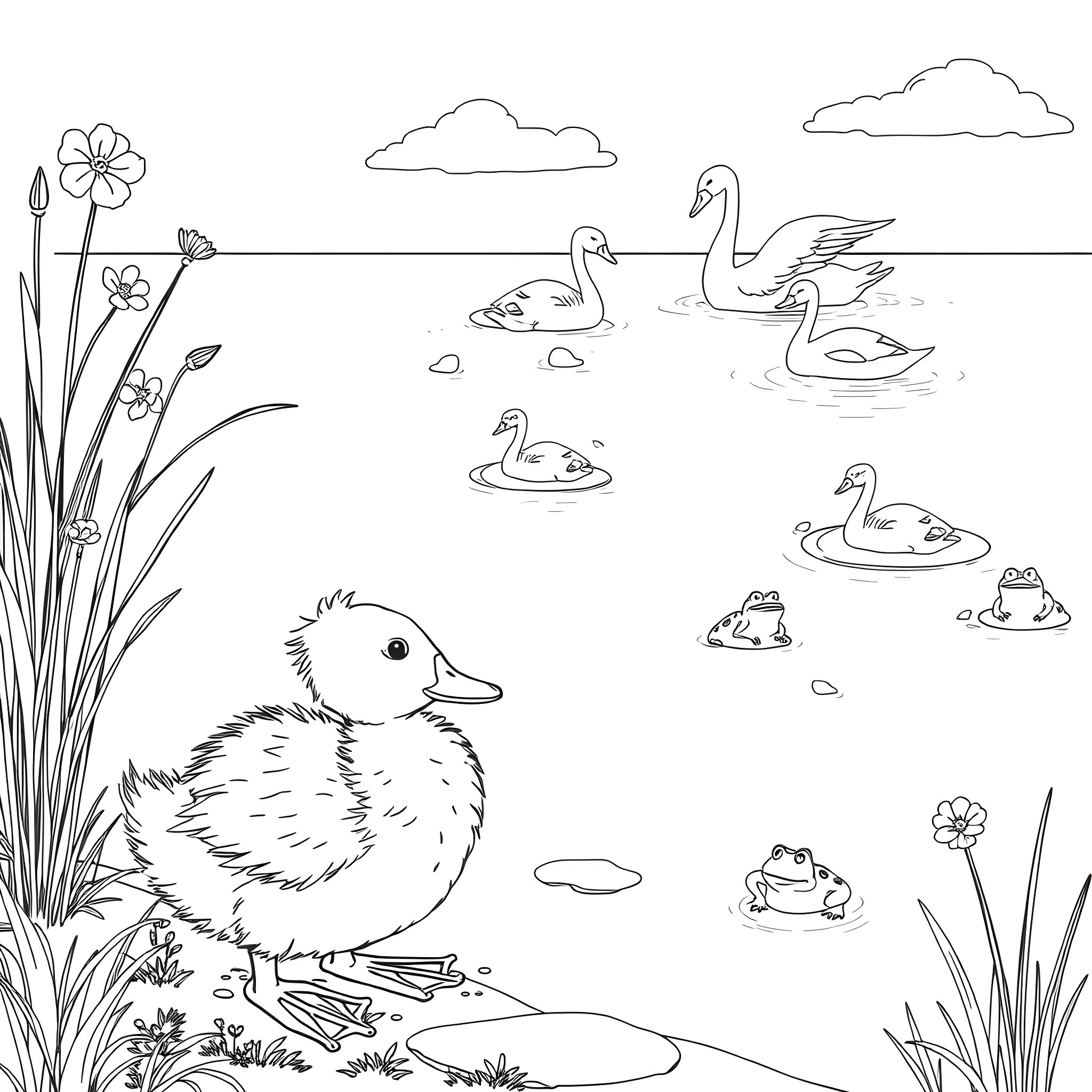 Duckling exploring the tranquil pond Coloring Page (free black-and-white line drawing printable PDF for all, from beginners to advanced learners, including children, teens, adults, and seniors)