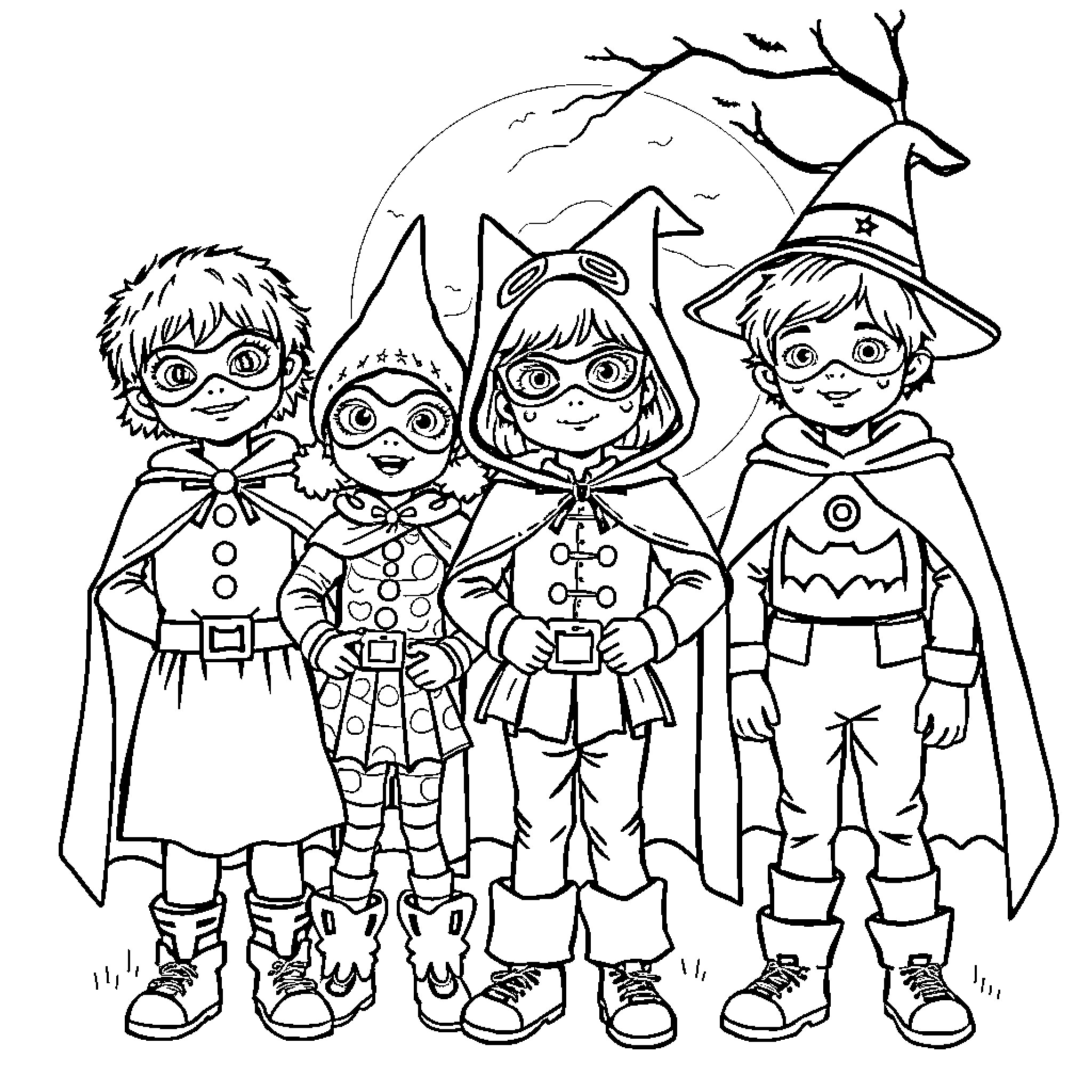 Kids dressed up in Halloween costumes Coloring Page (free black-and-white line drawing printable PDF for all, from beginners to advanced learners, including children, teens, adults, and seniors)