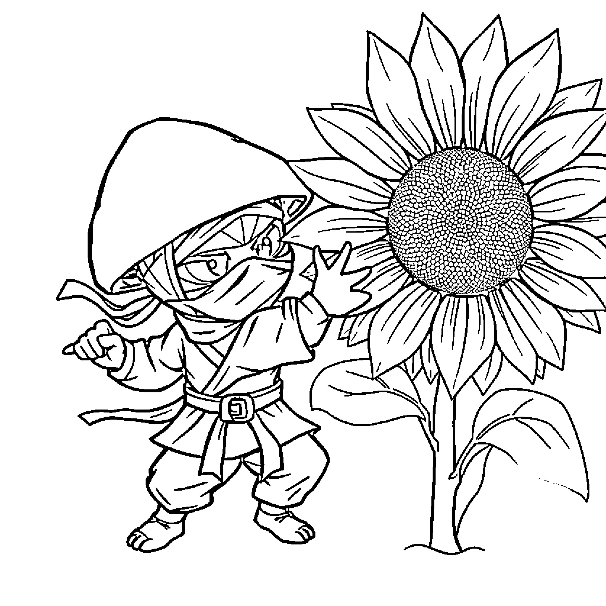 Mushroom warrior in a sunflower field Coloring Page (free black-and-white line drawing printable PDF for all, from beginners to advanced learners, including children, teens, adults, and seniors)