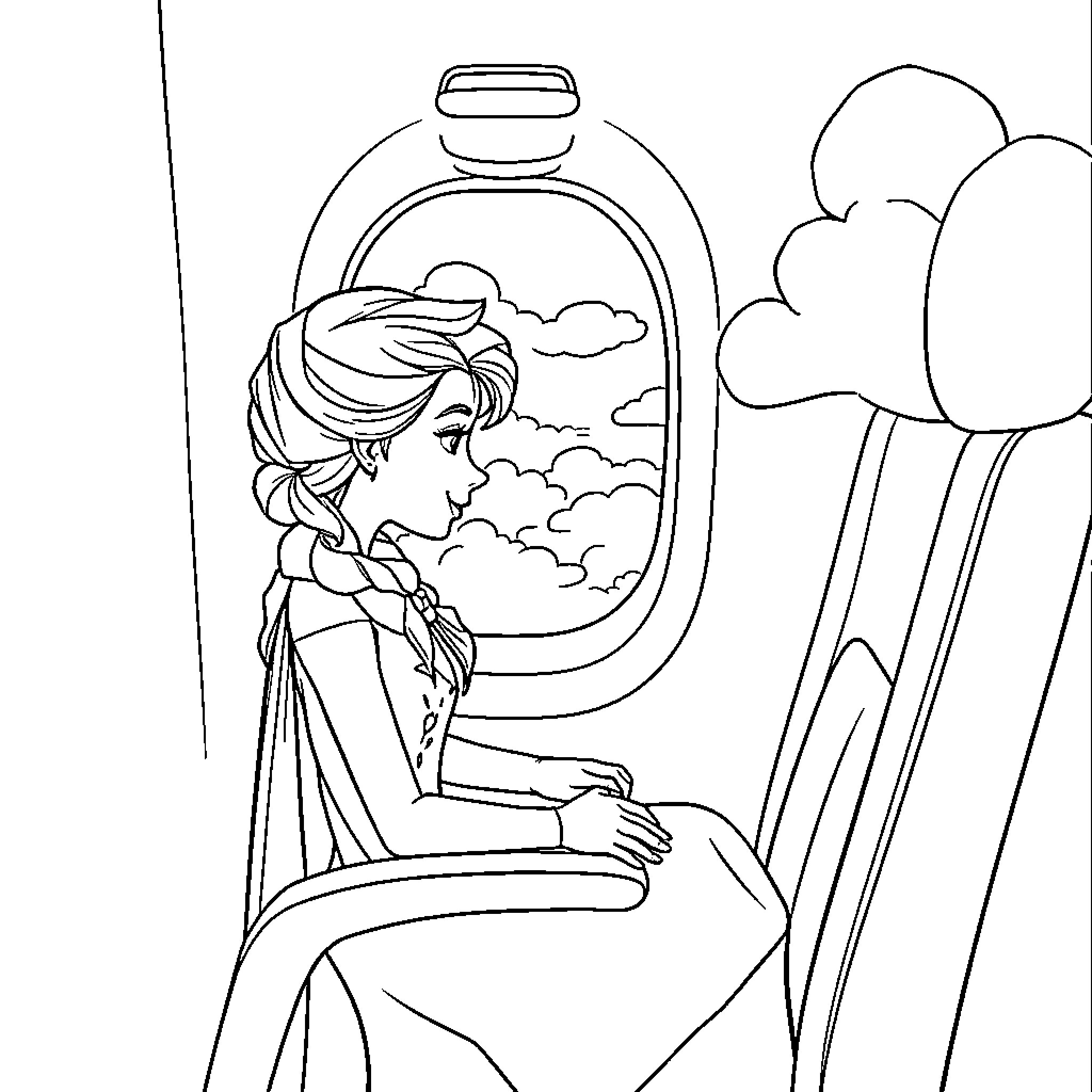 Elsa on a magical airplane ride Coloring Page (free black-and-white line drawing printable PDF for all, from beginners to advanced learners, including children, teens, adults, and seniors)