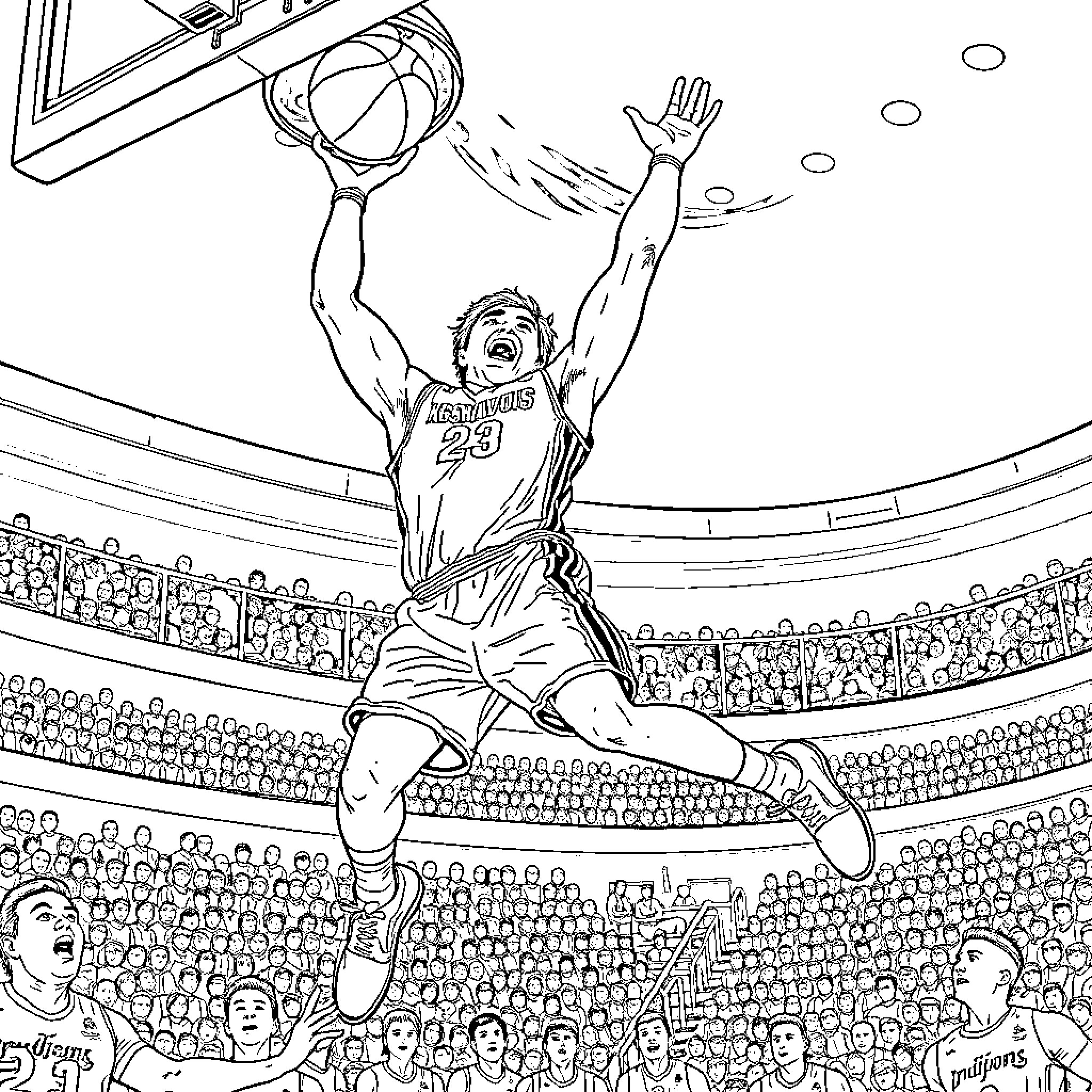 Draza Mihajlovic's basketball dunk in the arena Coloring Page (free black-and-white line drawing printable PDF for all, from beginners to advanced learners, including children, teens, adults, and seniors)