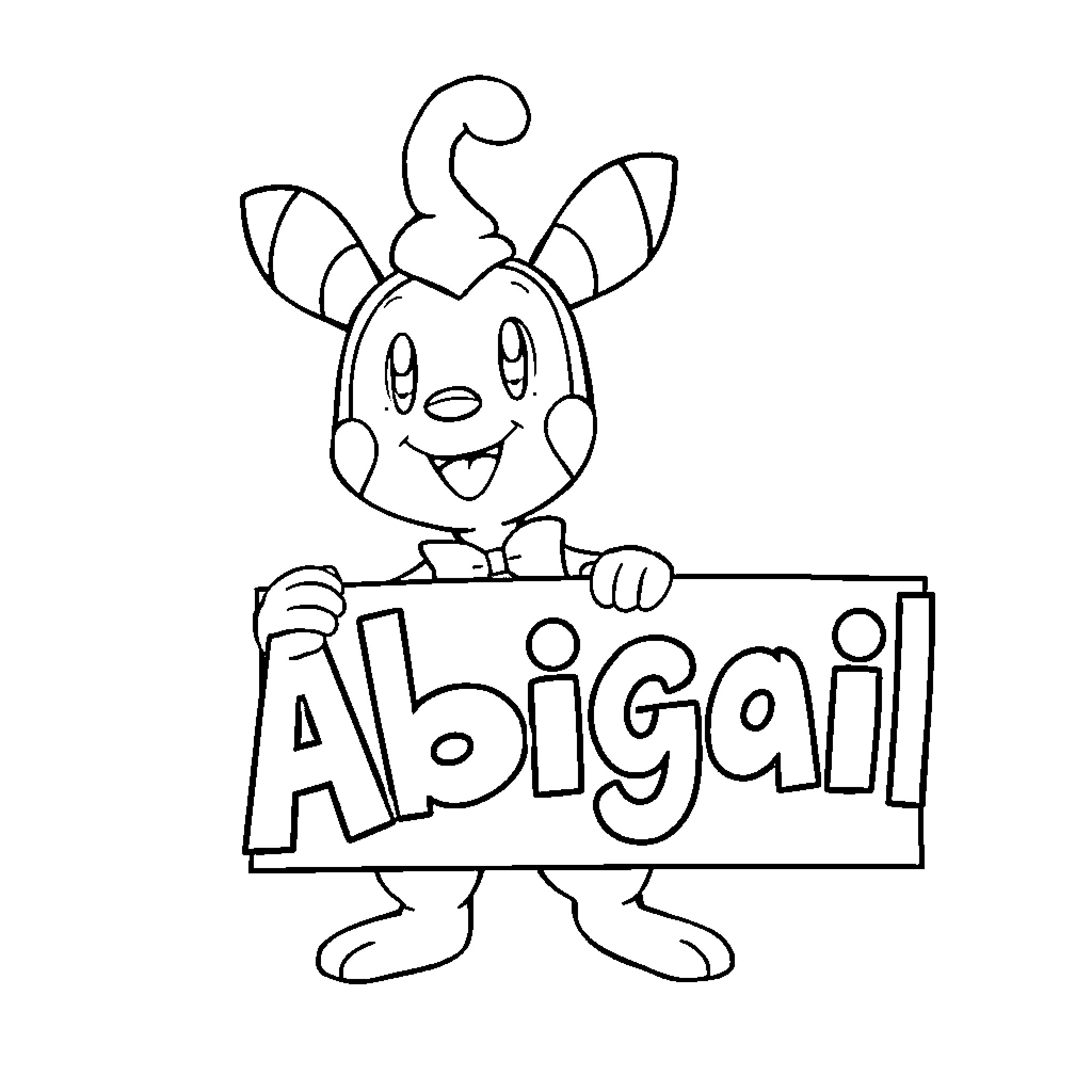 Mr. Mime holding 'Abigail' sign happily Coloring Page (free black-and-white line drawing printable PDF for all, from beginners to advanced learners, including children, teens, adults, and seniors)