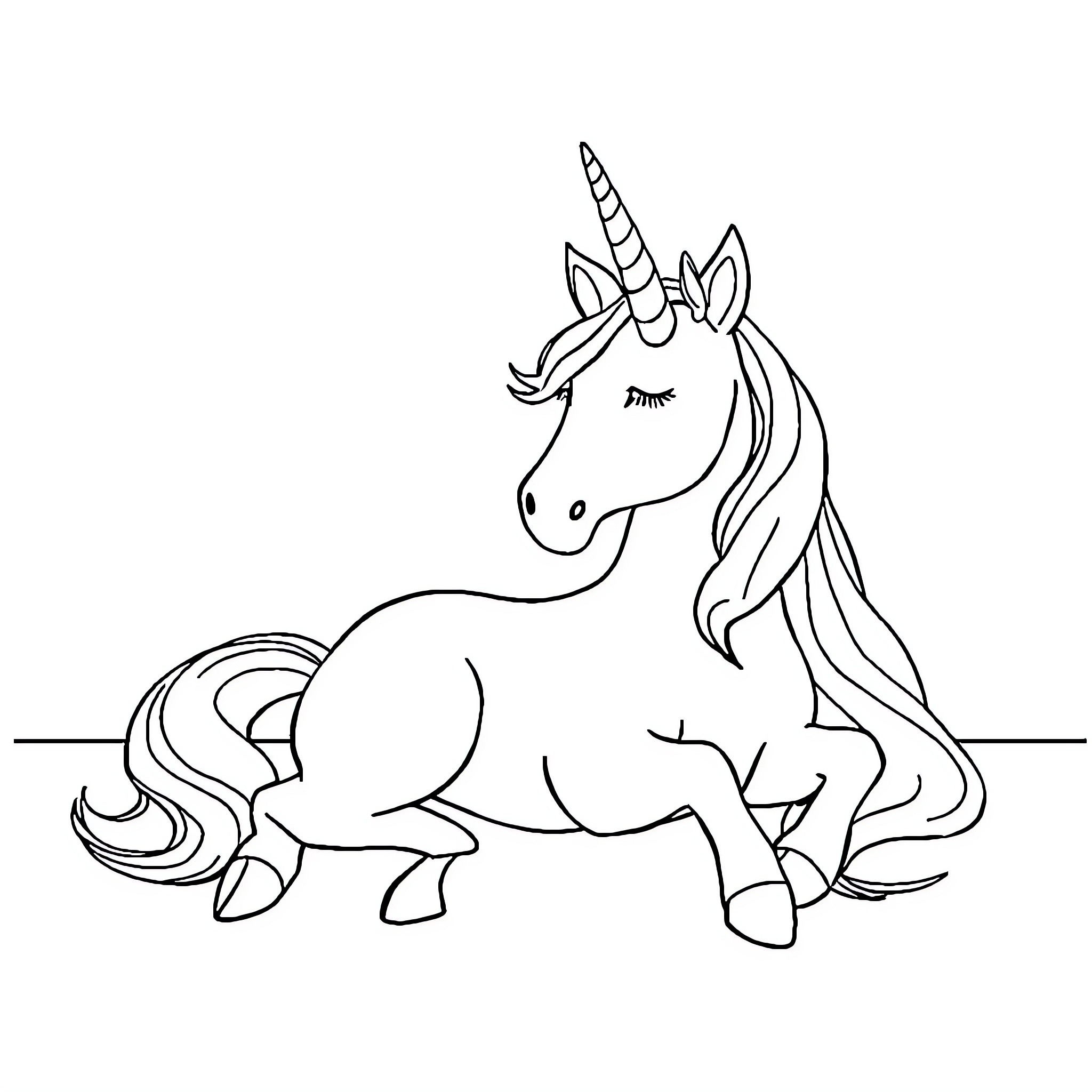Unicorn resting peacefully in a serene setting Coloring Page (free black-and-white line drawing printable PDF for all, from beginners to advanced learners, including children, teens, adults, and seniors)