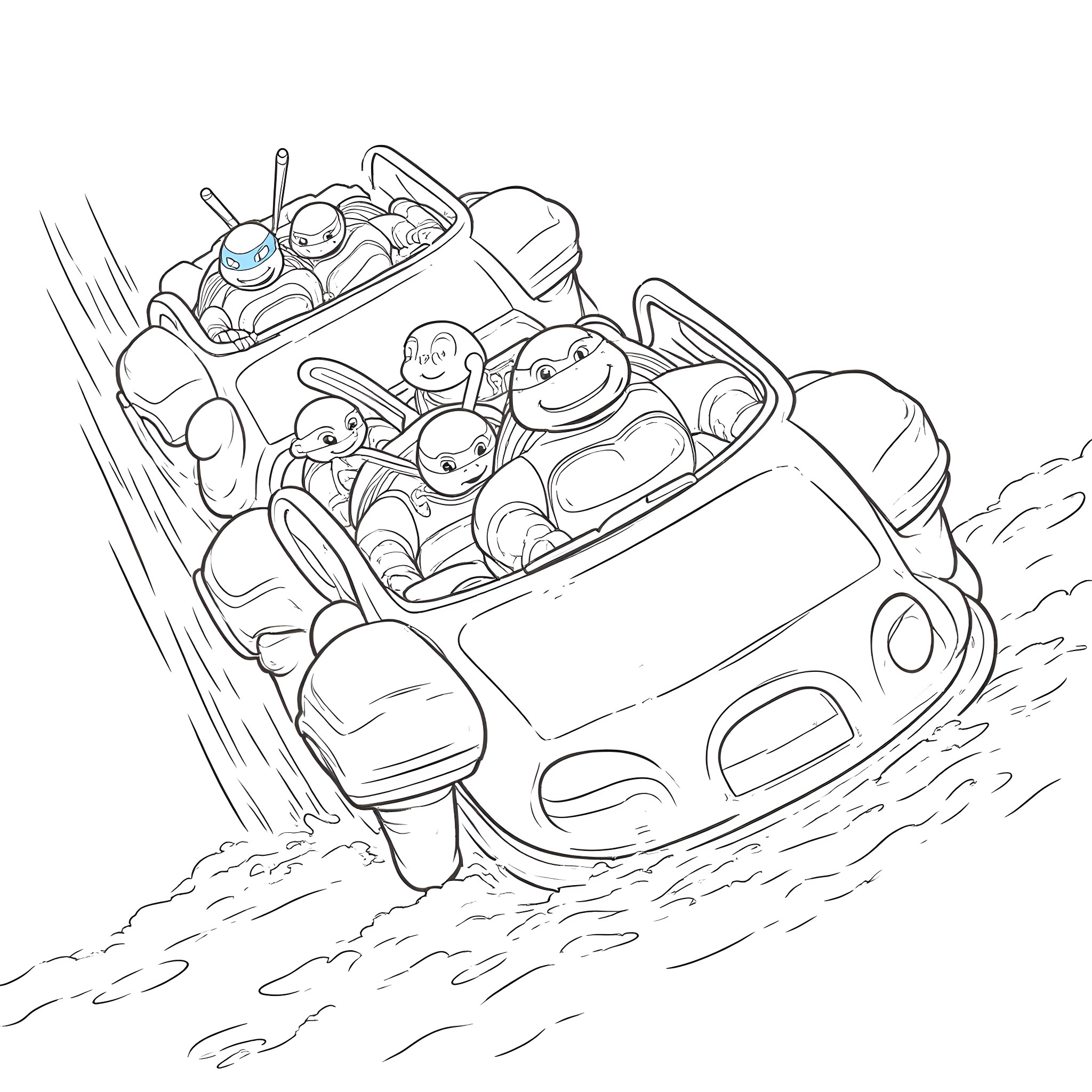 Ninja Turtle Crew Riding in Fast Car Coloring Page (free black-and-white line drawing printable PDF for all, from beginners to advanced learners, including children, teens, adults, and seniors)
