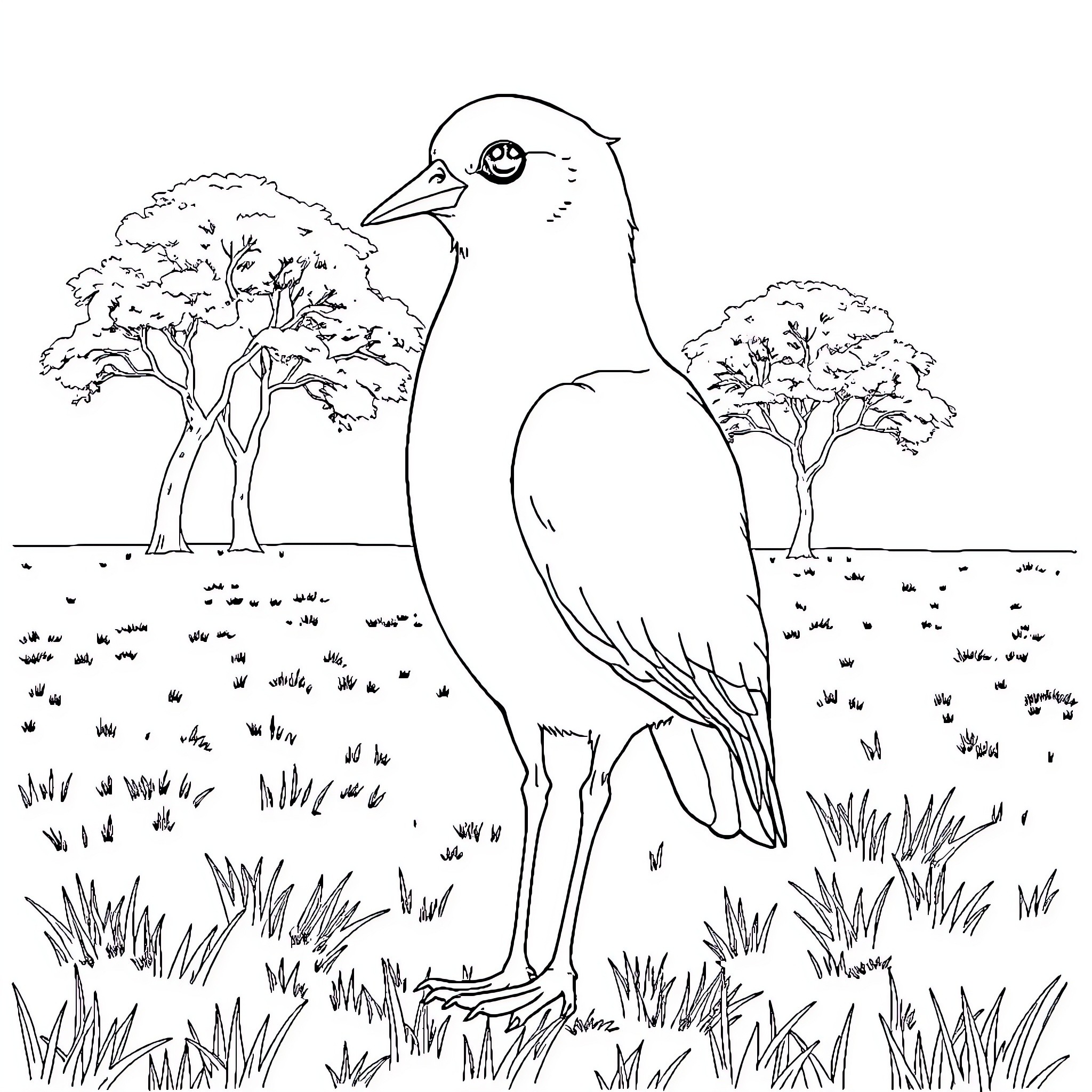 Guena Taroco's Serene Avian Encounter Coloring Page (free black-and-white line drawing printable PDF for all, from beginners to advanced learners, including children, teens, adults, and seniors)