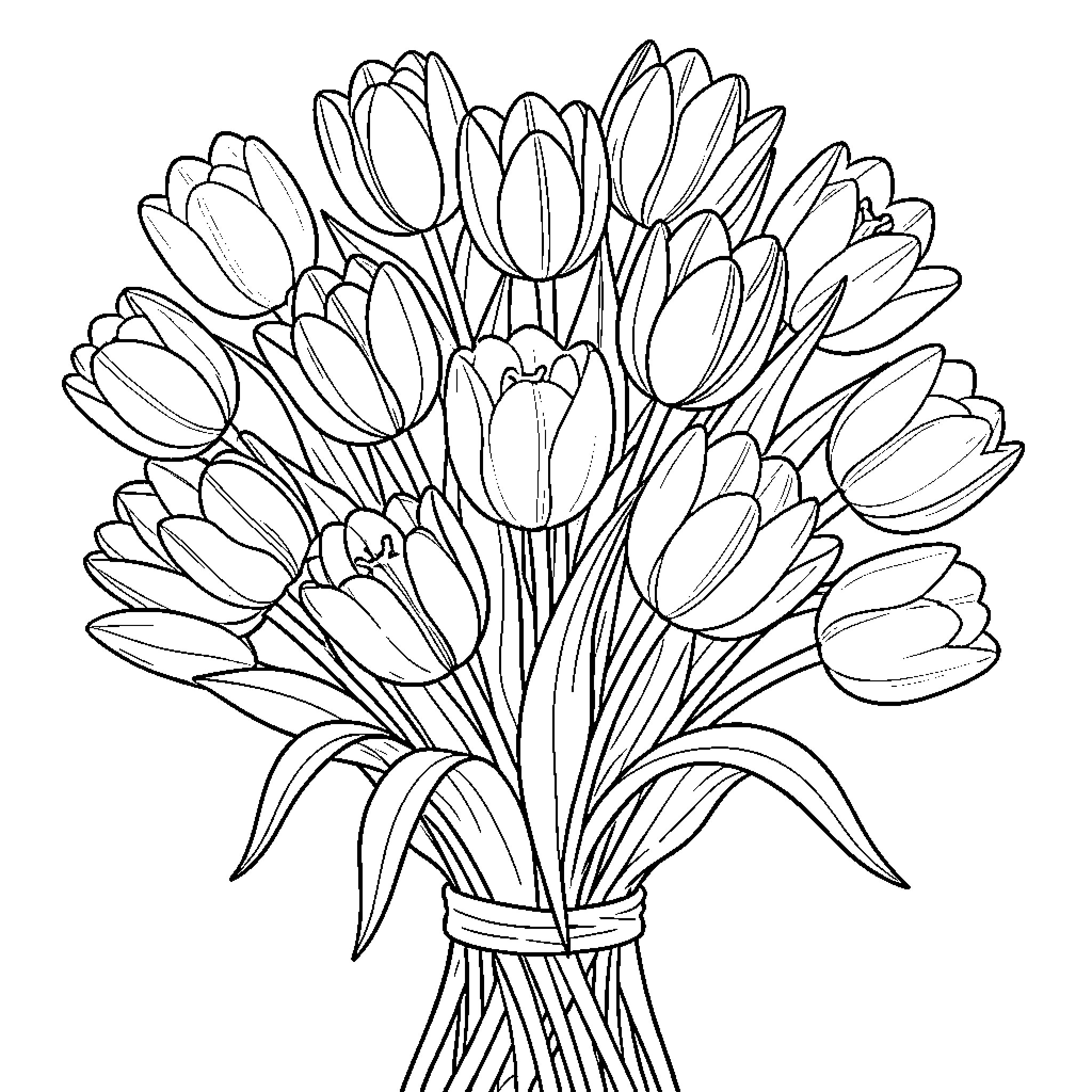 Tulip bouquet with various blooming flowers Coloring Page (free black-and-white line drawing printable PDF for all, from beginners to advanced learners, including children, teens, adults, and seniors)