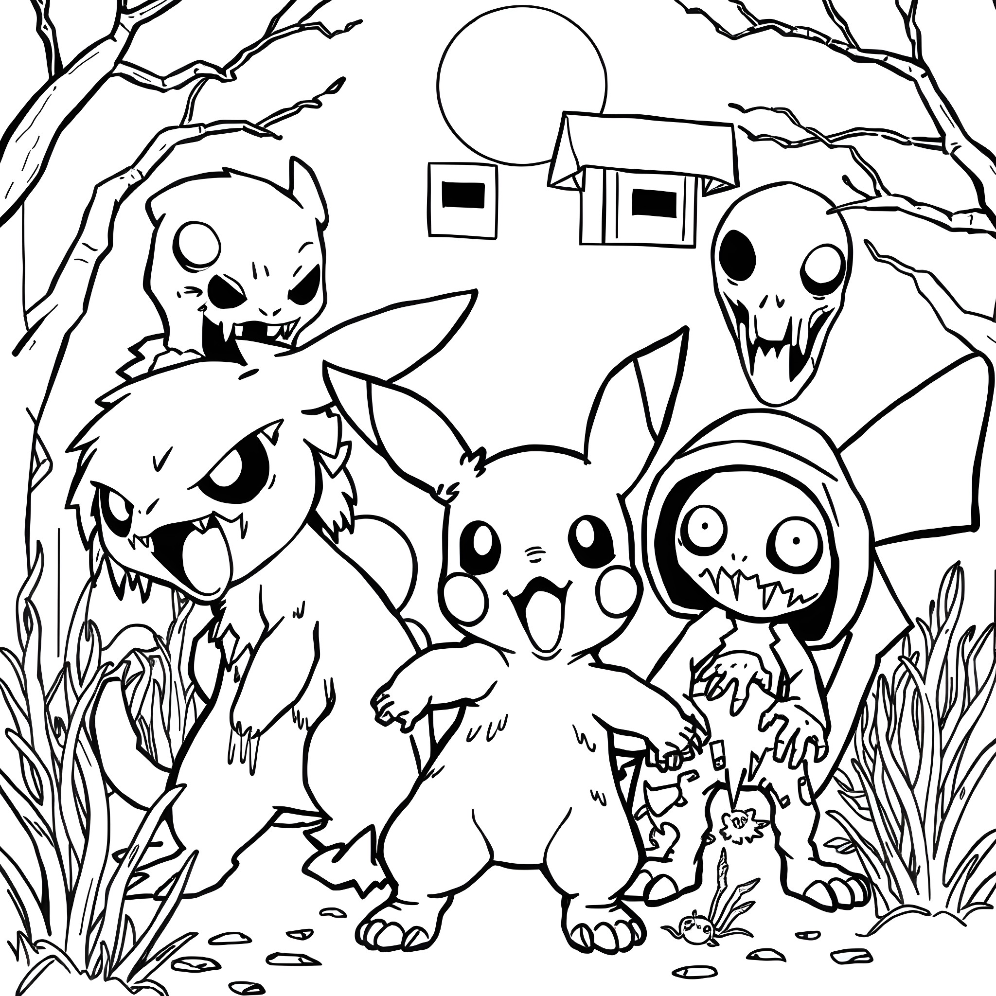 Pokémon characters in a spooky forest scene Coloring Page (free black-and-white line drawing printable PDF for all, from beginners to advanced learners, including children, teens, adults, and seniors)