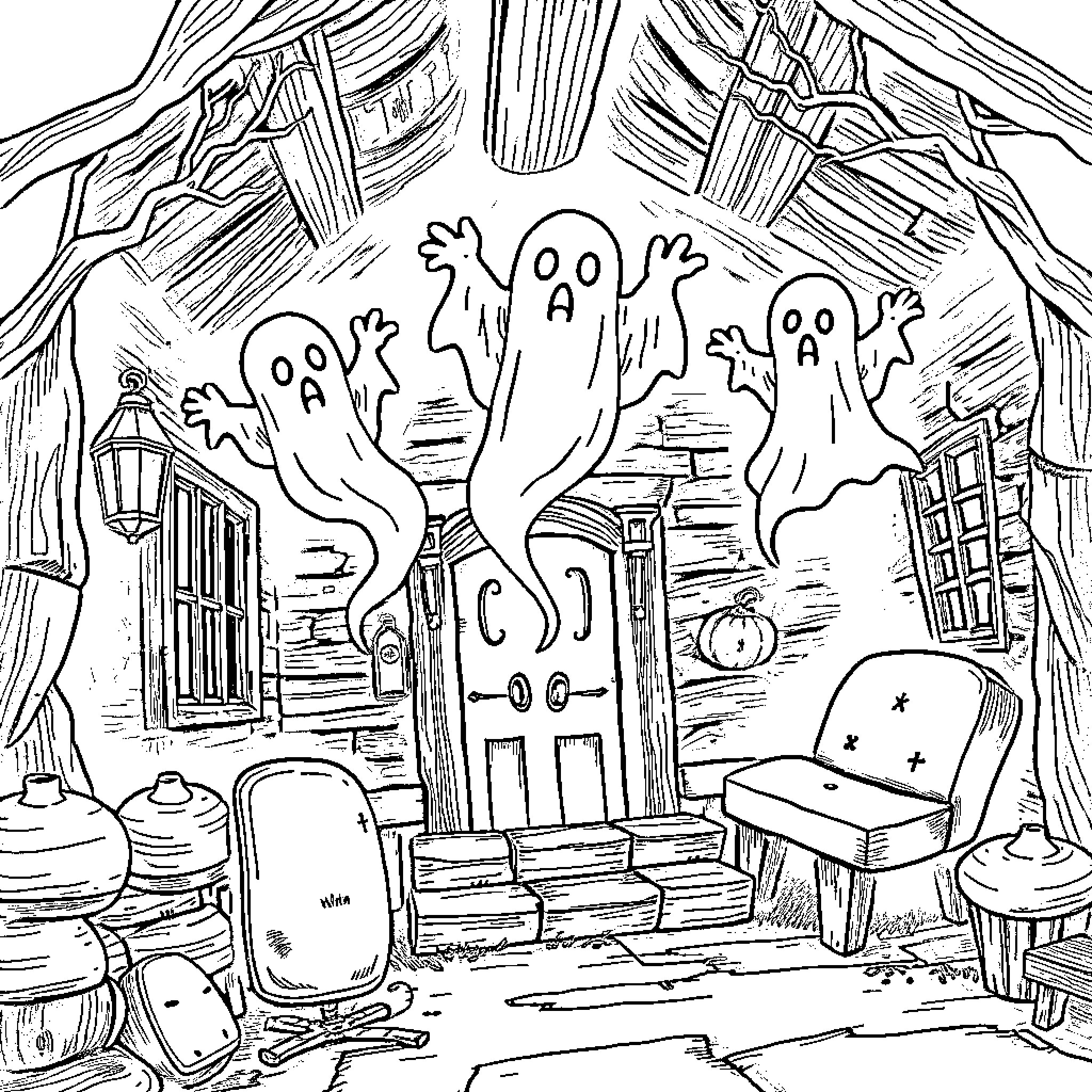Ghost Figures Haunting an Abandoned House Coloring Page (free black-and-white line drawing printable PDF for all, from beginners to advanced learners, including children, teens, adults, and seniors)