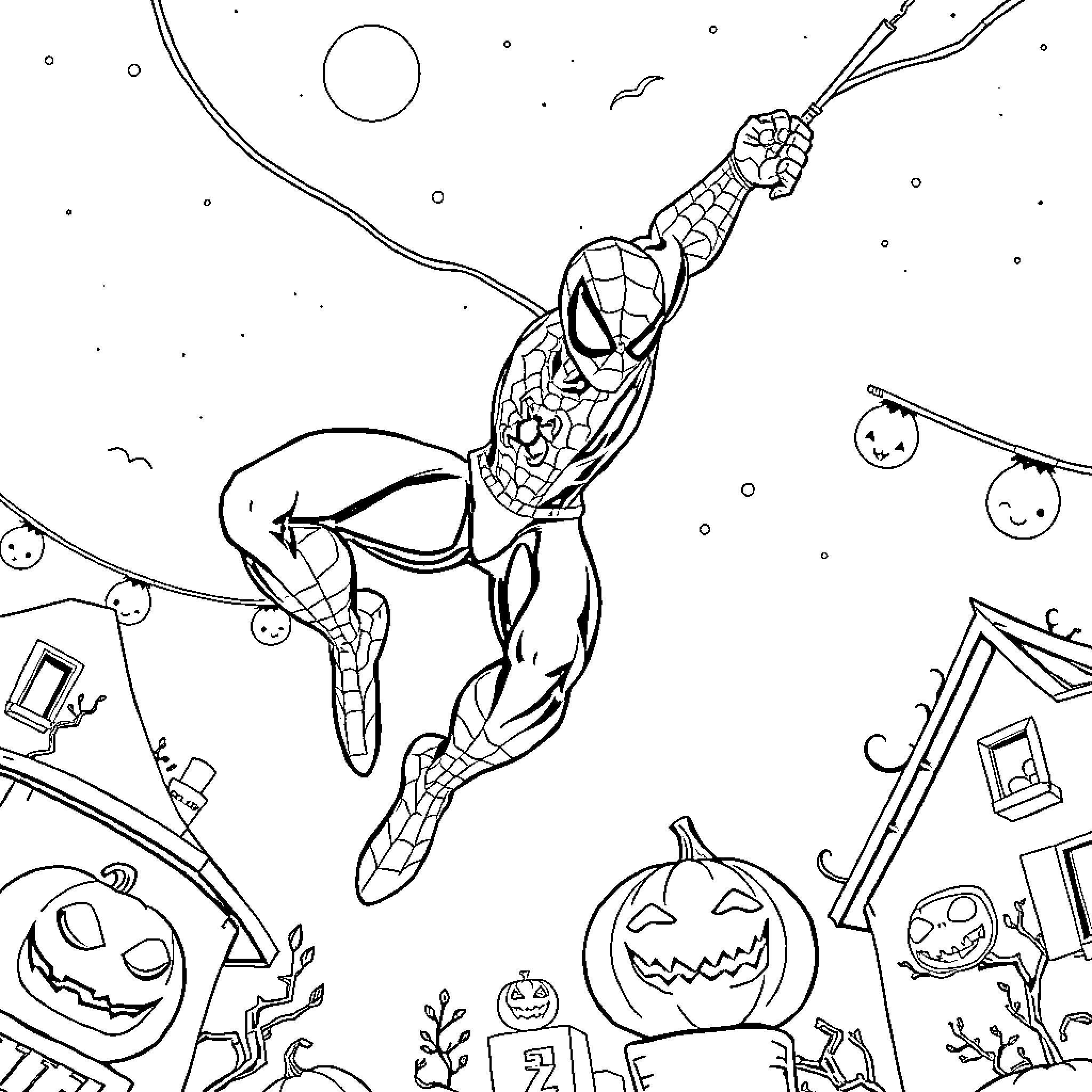 Spider-Man swinging through a spooky Halloween scene Coloring Page (free black-and-white line drawing printable PDF for all, from beginners to advanced learners, including children, teens, adults, and seniors)