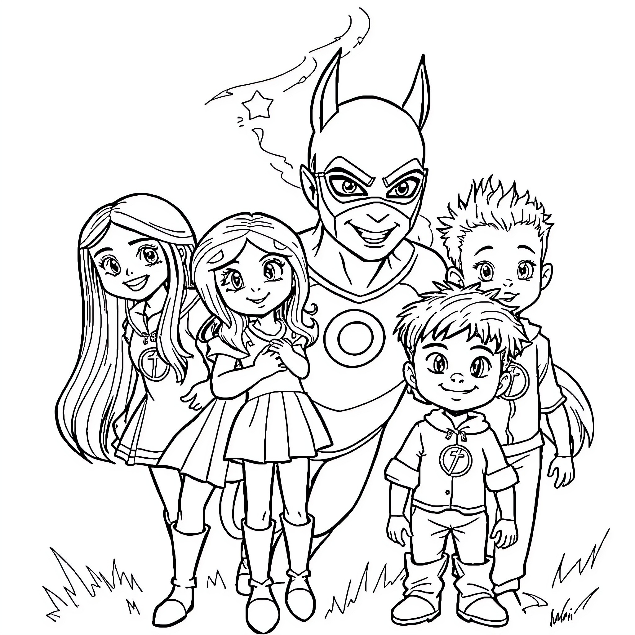 Flash and the Superhero Family in Action Coloring Page (free black-and-white line drawing printable PDF for all, from beginners to advanced learners, including children, teens, adults, and seniors)