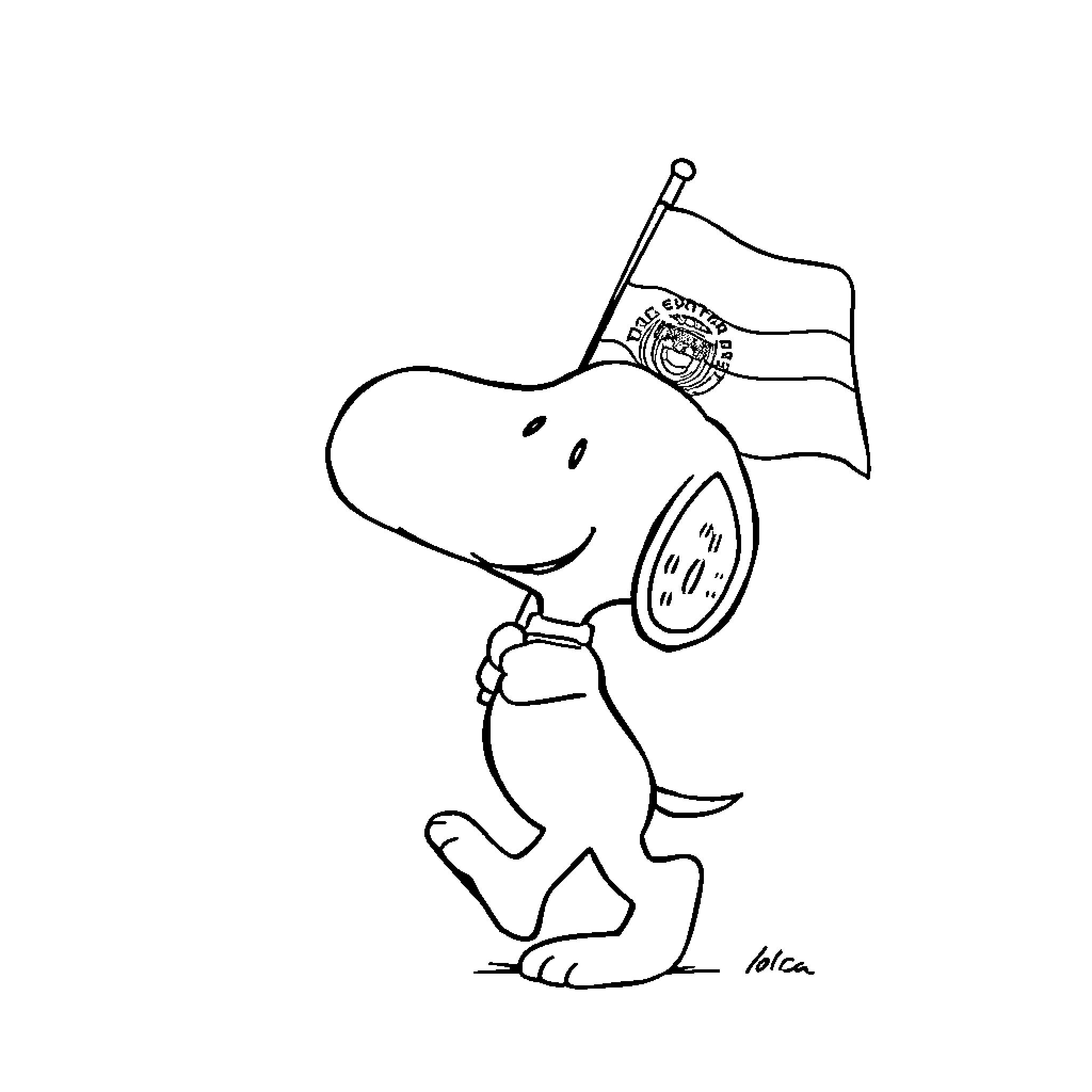 Snoopy Proudly Waving a Flag Coloring Page (free black-and-white line drawing printable PDF for all, from beginners to advanced learners, including children, teens, adults, and seniors)